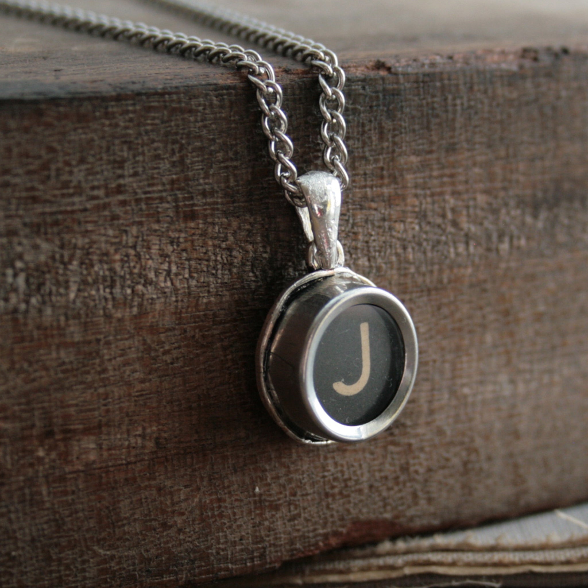 J initial necklace made of authentic vintage black typewriter key