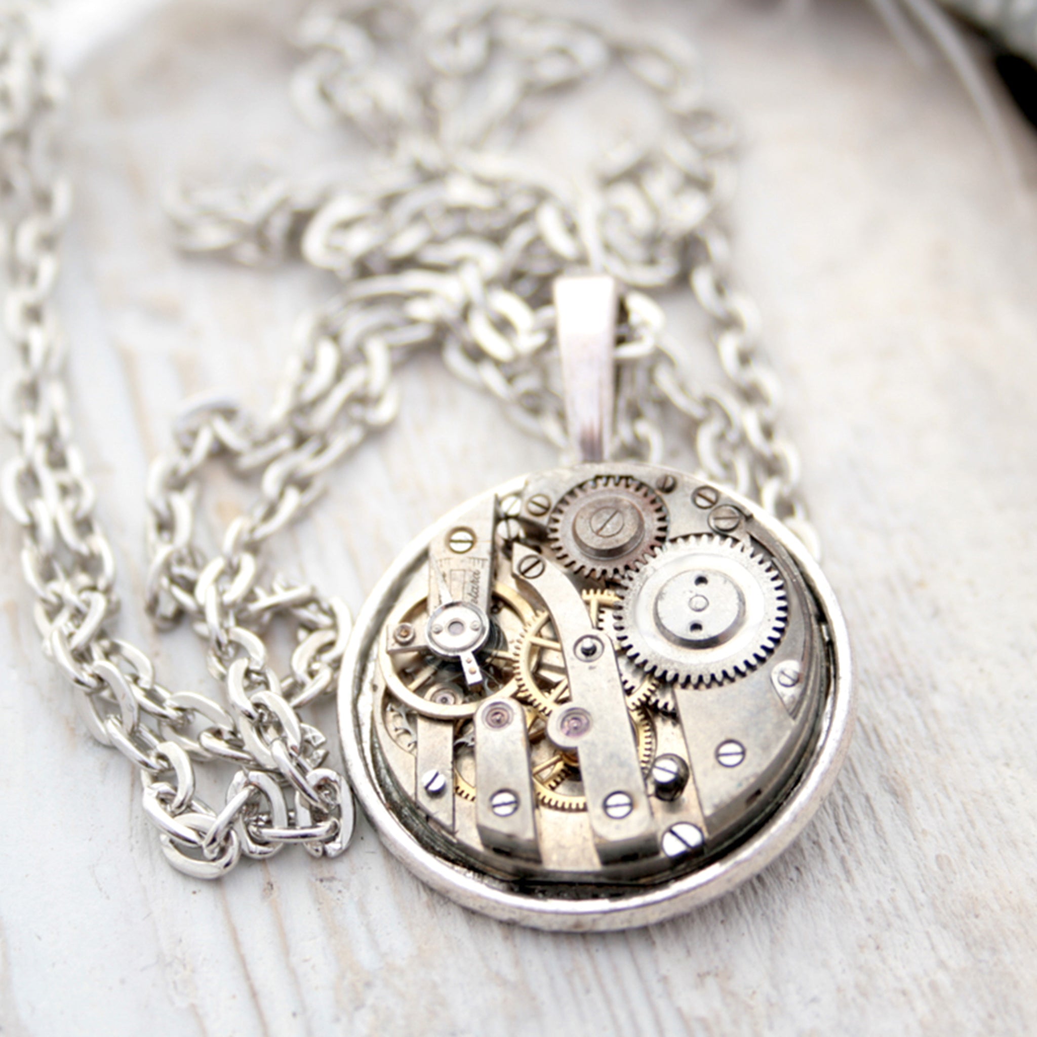 Unique Silver Pendant Necklace with Watch Mechanism in Steampunk Style