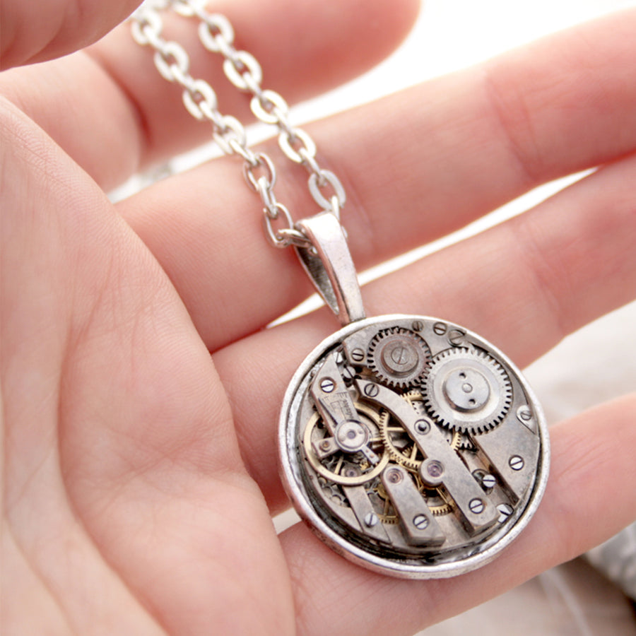 Unique Silver Pendant Necklace with Watch Mechanism in Steampunk Style