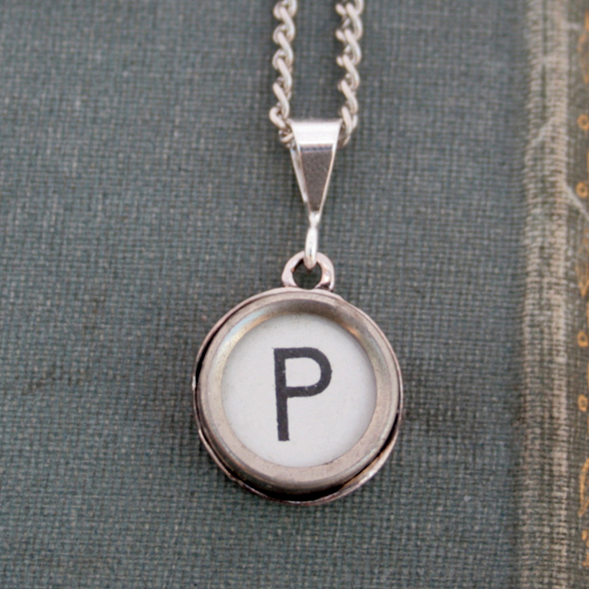 White P letter initial necklace made of antique typewriter key