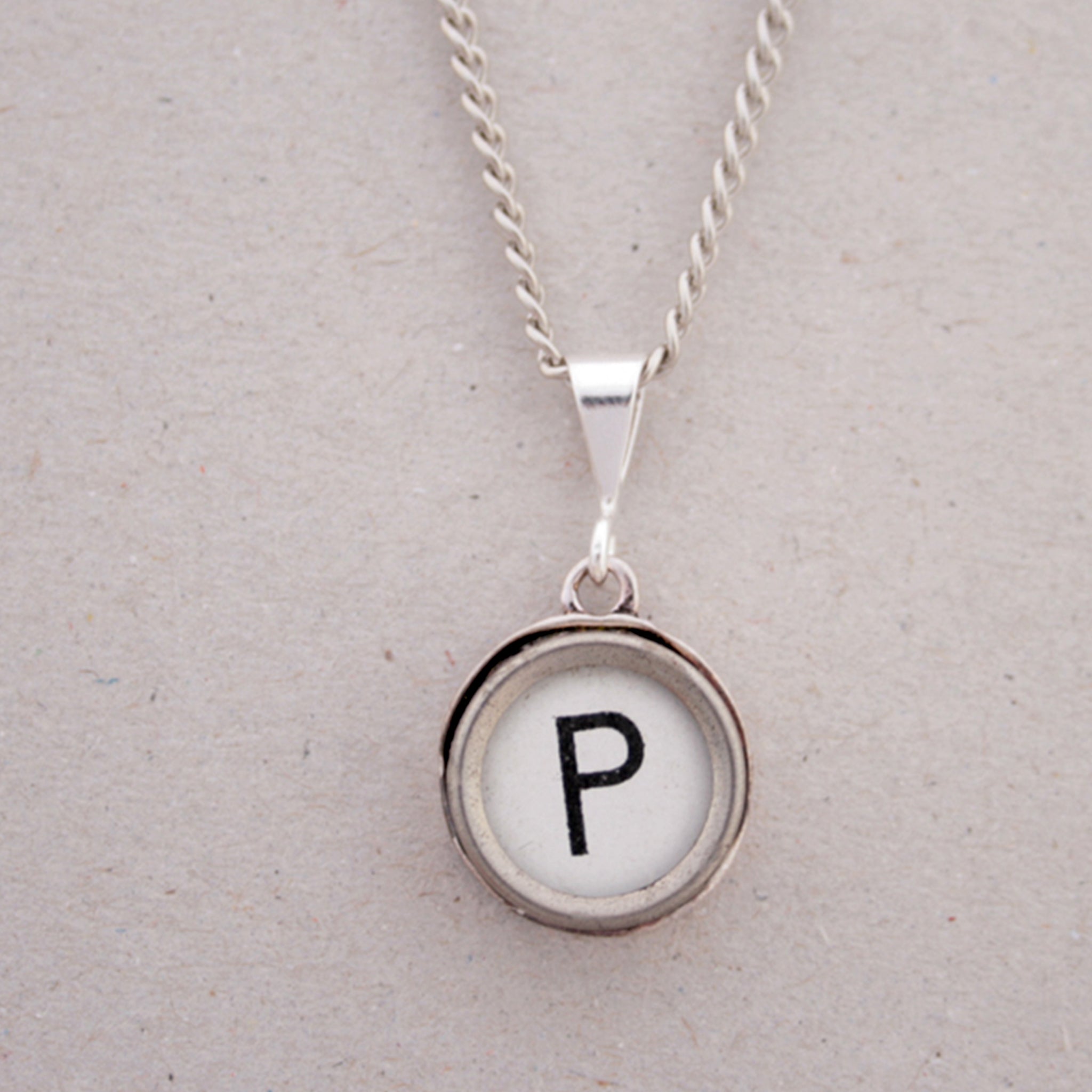 White P letter initial necklace made of antique typewriter key