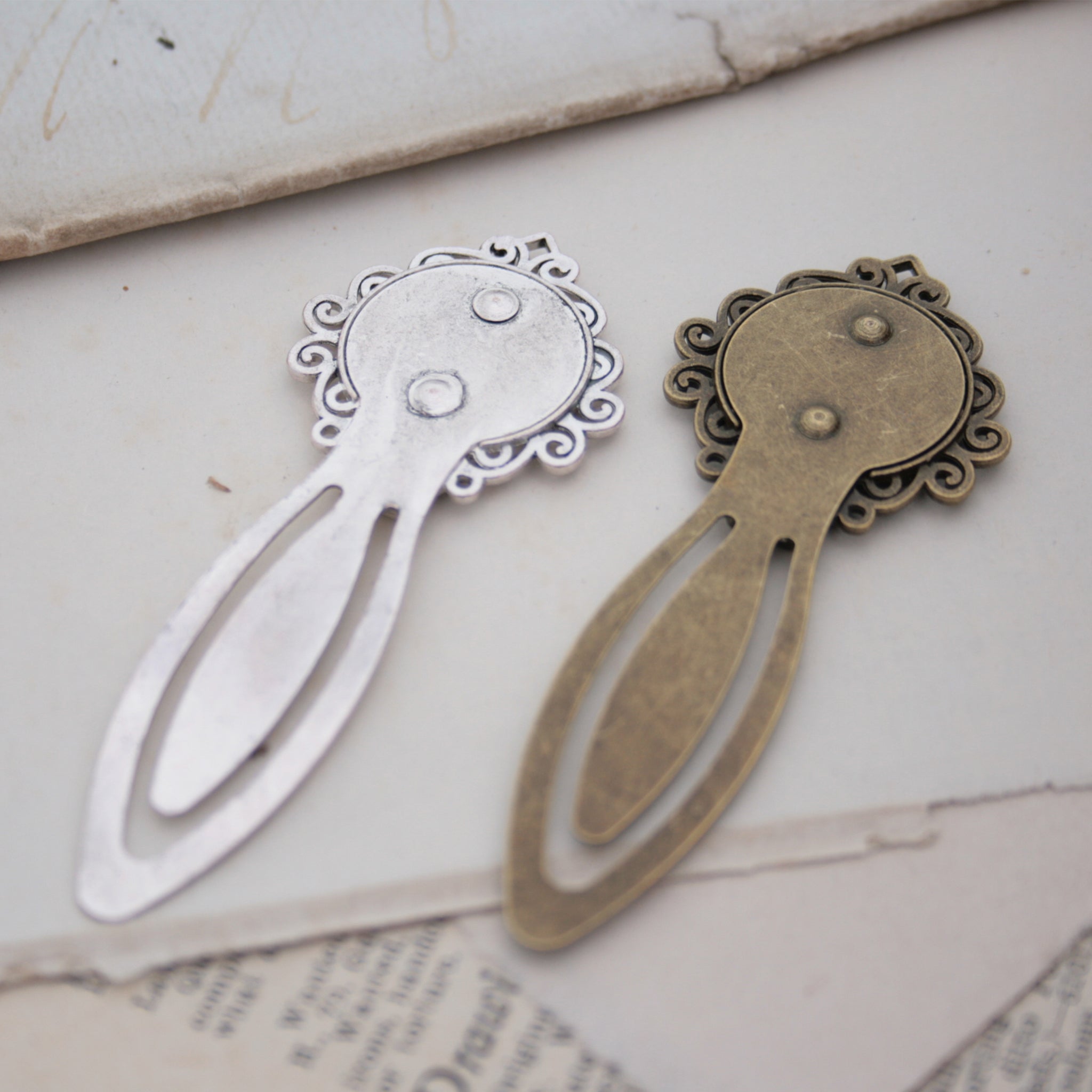metal bookmarks in silver and antique bronze tone