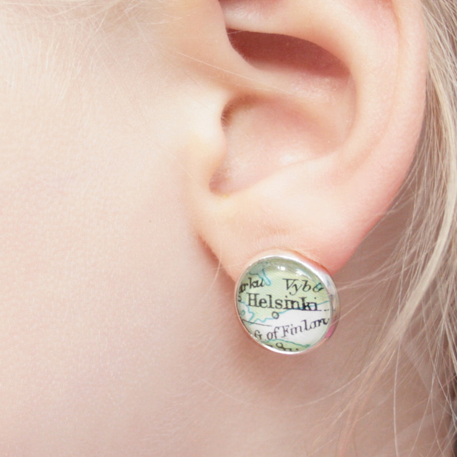 Custom clip on earrings in bronze tone featuring vintage maps