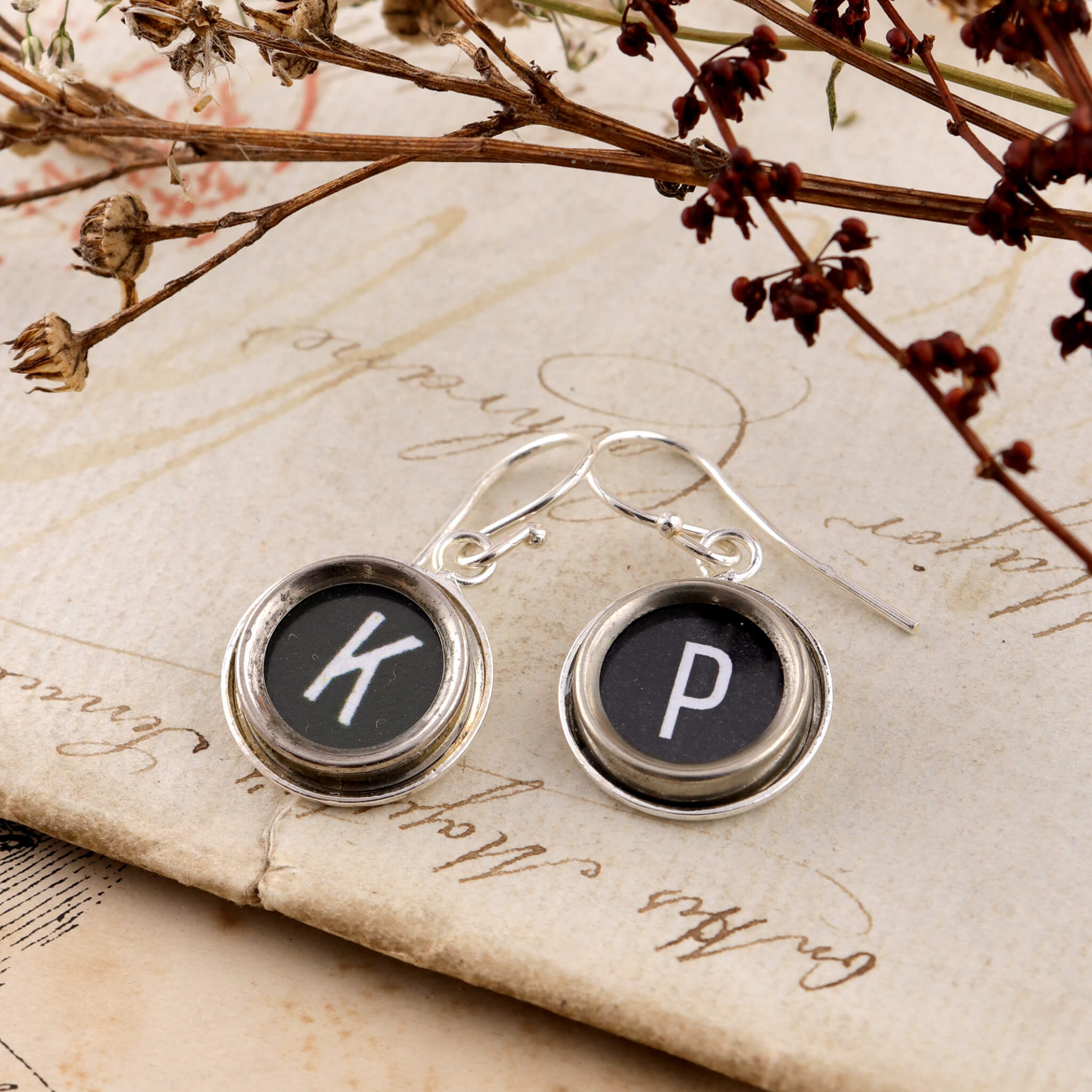 Black initial earrings K and P made of old typewriter keys
