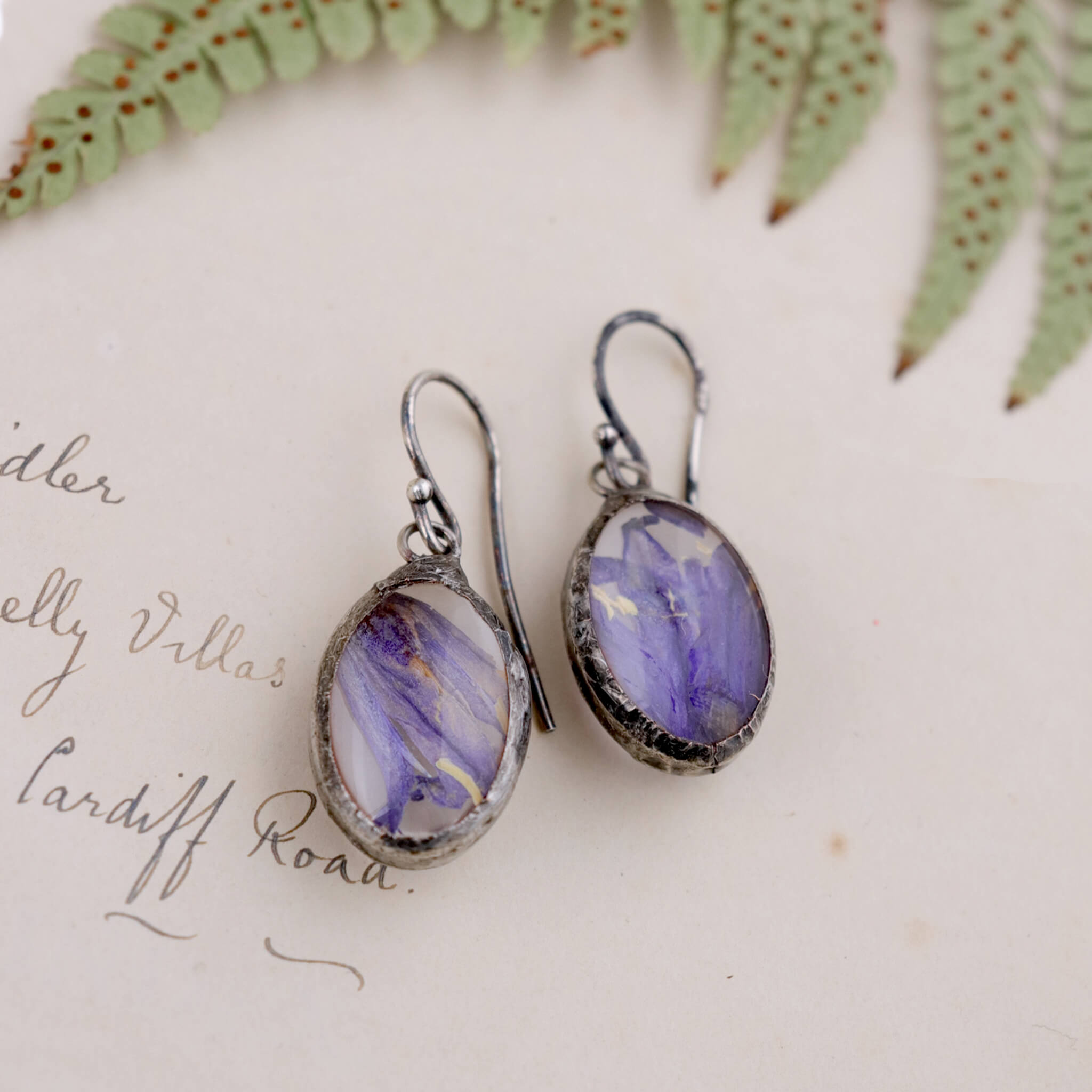 Pressed bluebells earrings in tiffany style lying flat on a vintage papery
