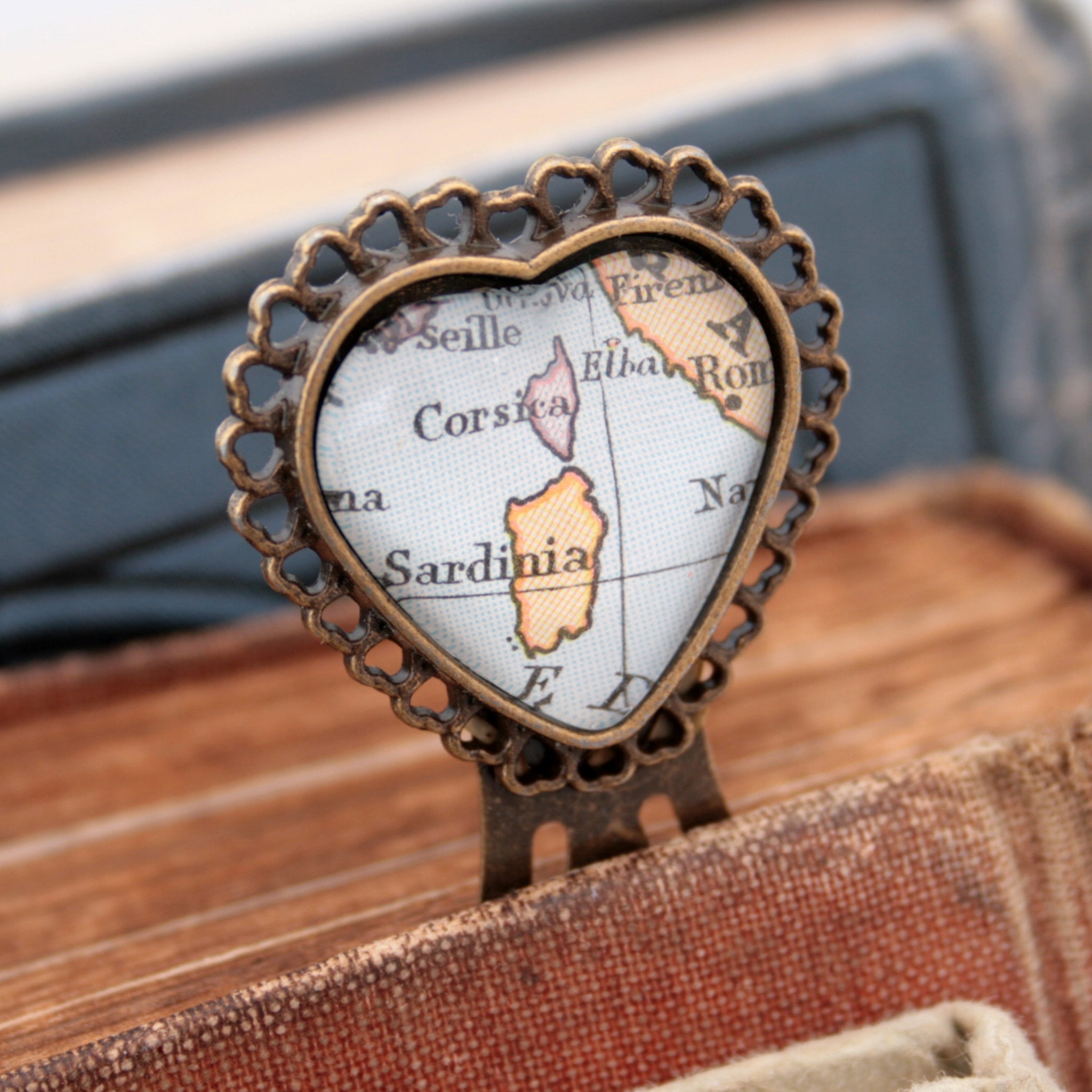 metal bookmark in heart shape personalised with map of Corsica