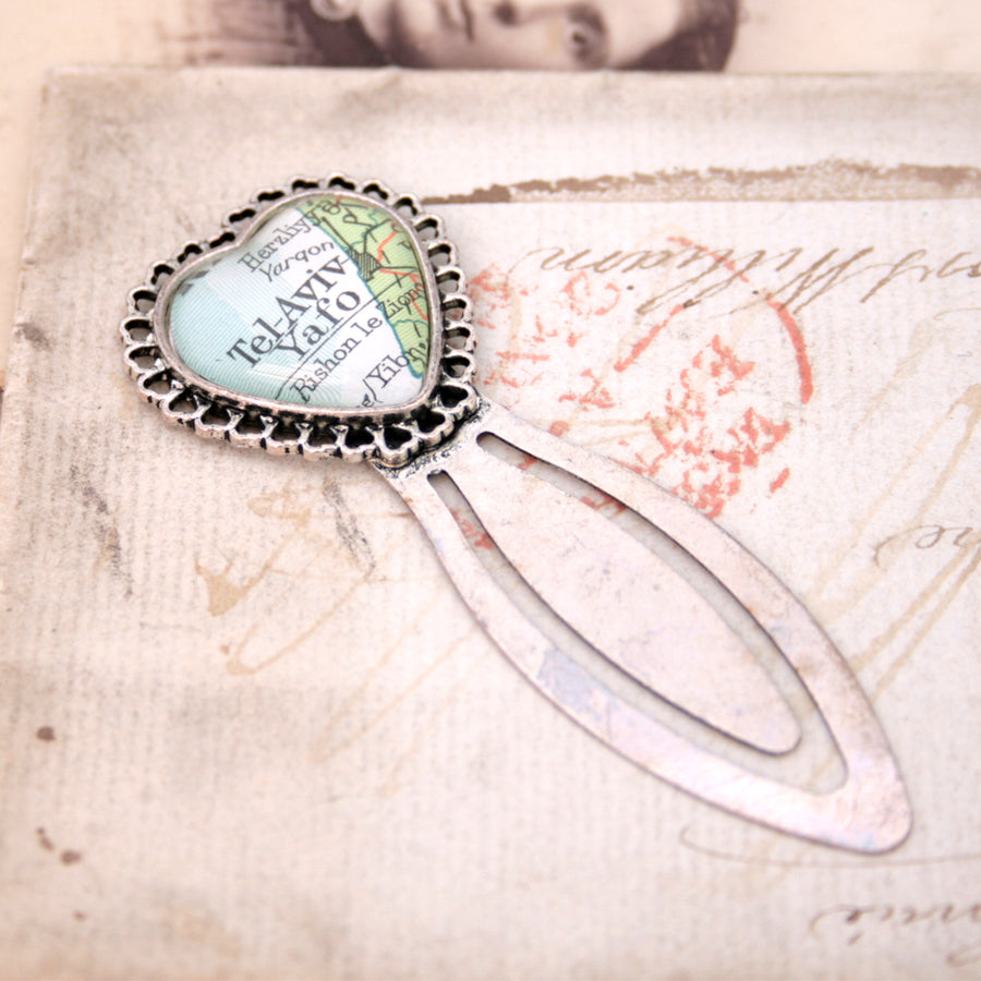 metal bookmark in heart shape personalised with map of Tel Aviv