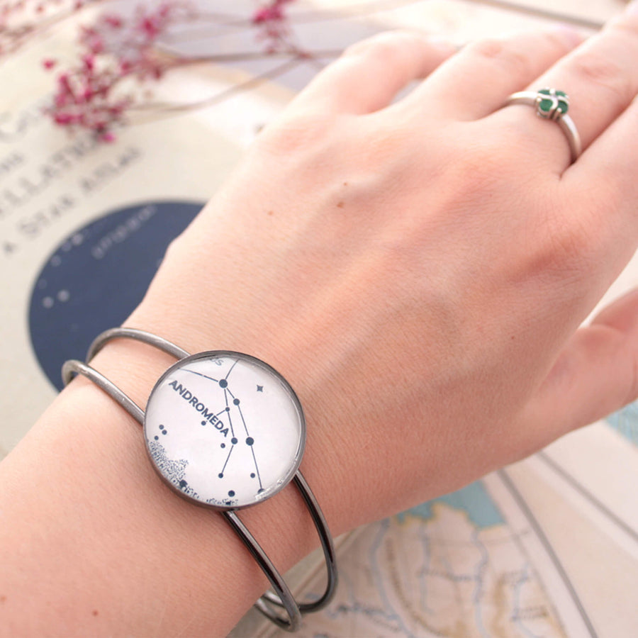Gunmetal bangle bracelet featuring heavens map with Andromeda constellation