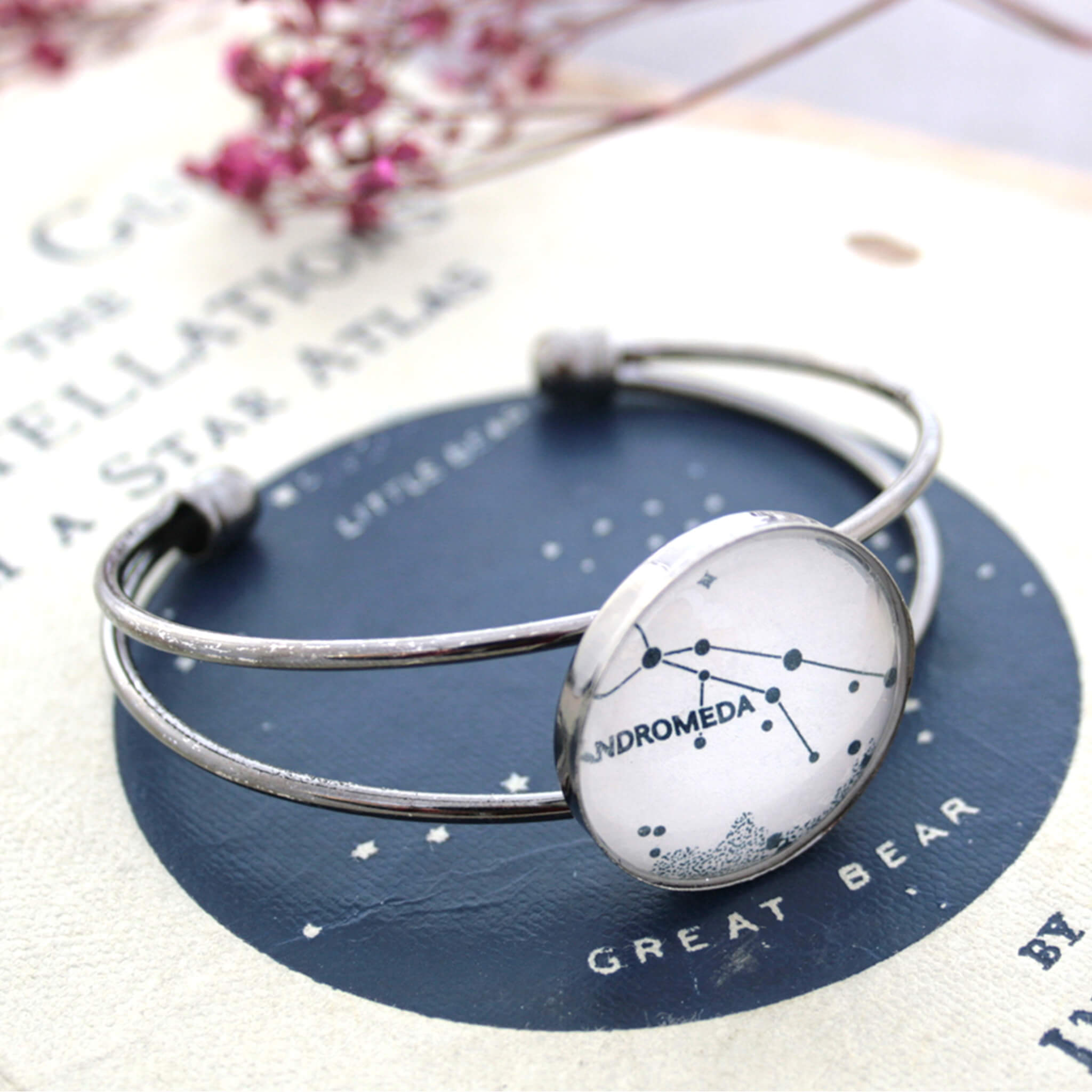 Gunmetal bangle bracelet featuring heavens map with Andromeda constellation