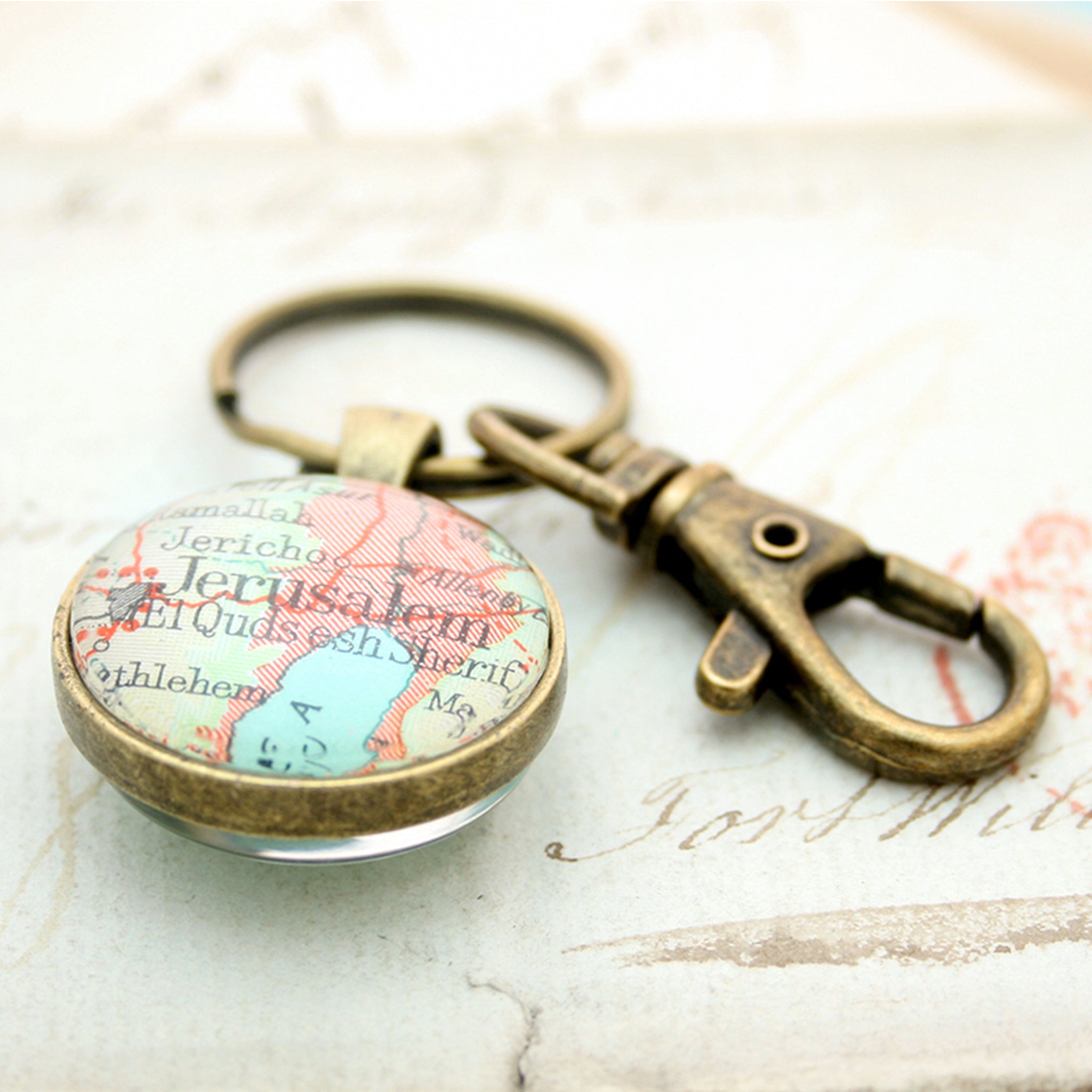Personalised Keyring in bronze color featuring map of Jerusalem