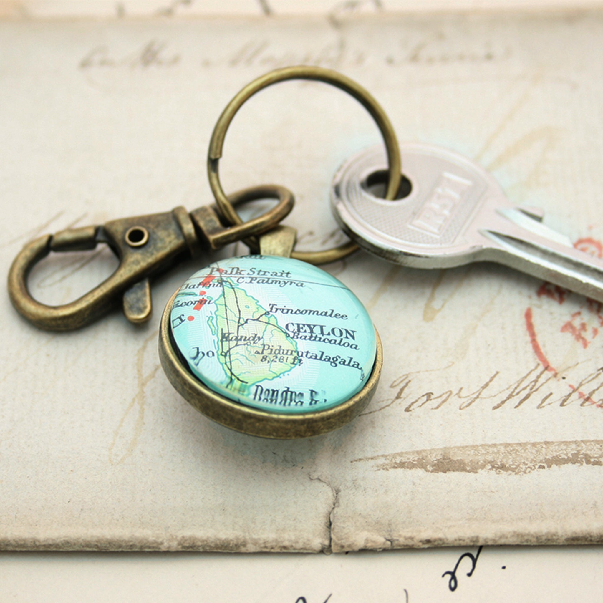 Personalised Keyring in bronze color featuring map of Ceylon