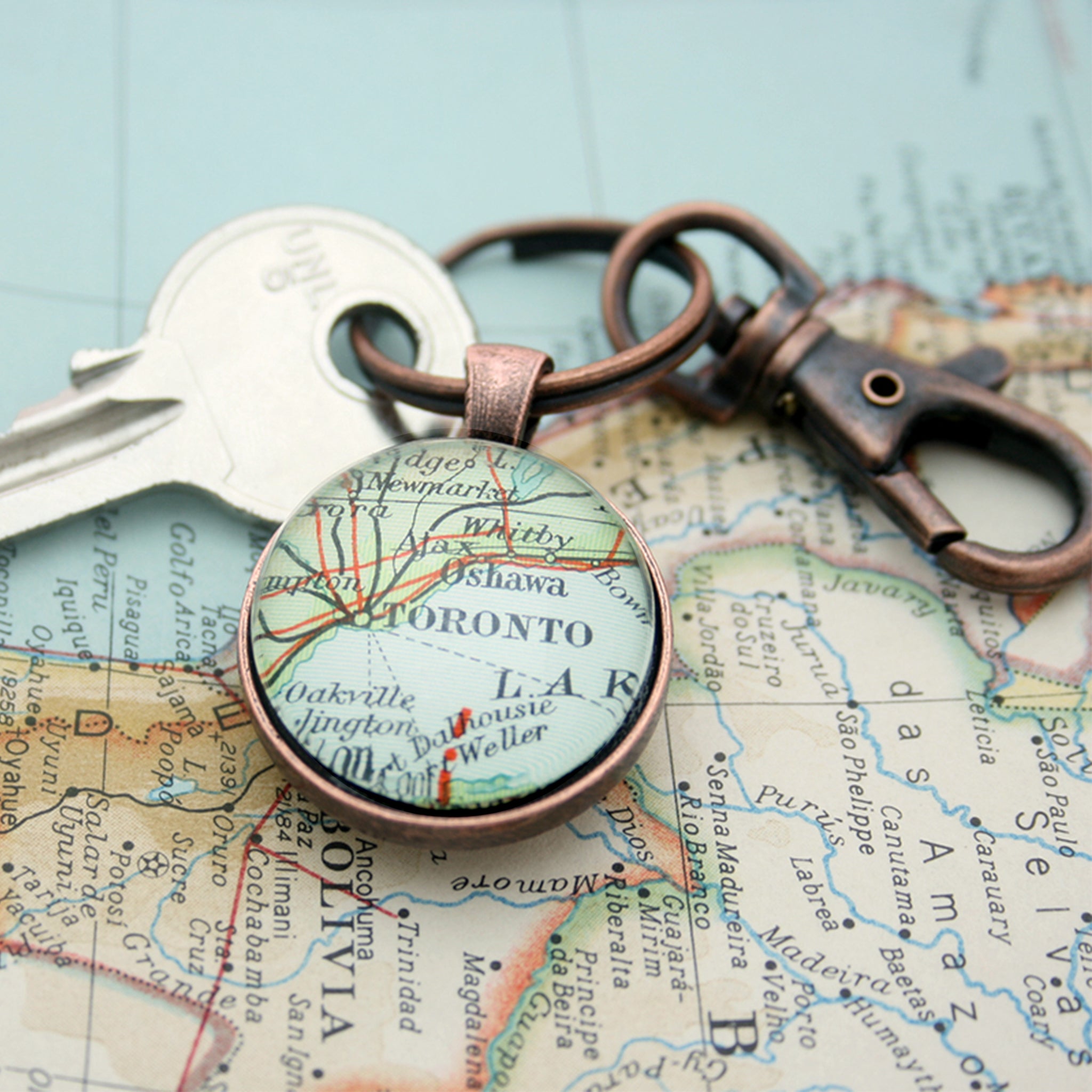 Personalised Keyring in copper color featuring map of Toronto