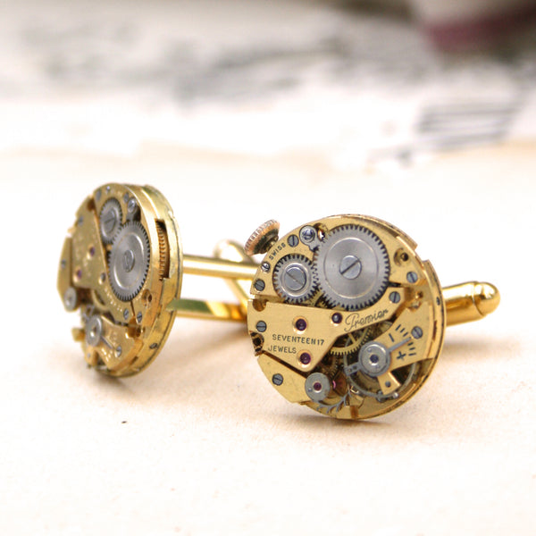 Gold Steampunk Watch Movement Cufflinks, Lapel Pin, Tie Bar and Earrings –  Loud Cufflinks