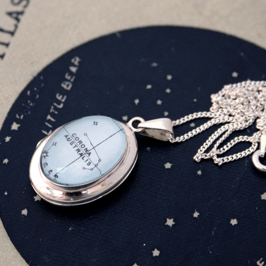 Sterling Silver locket necklace featuring Corona Australis star constellation