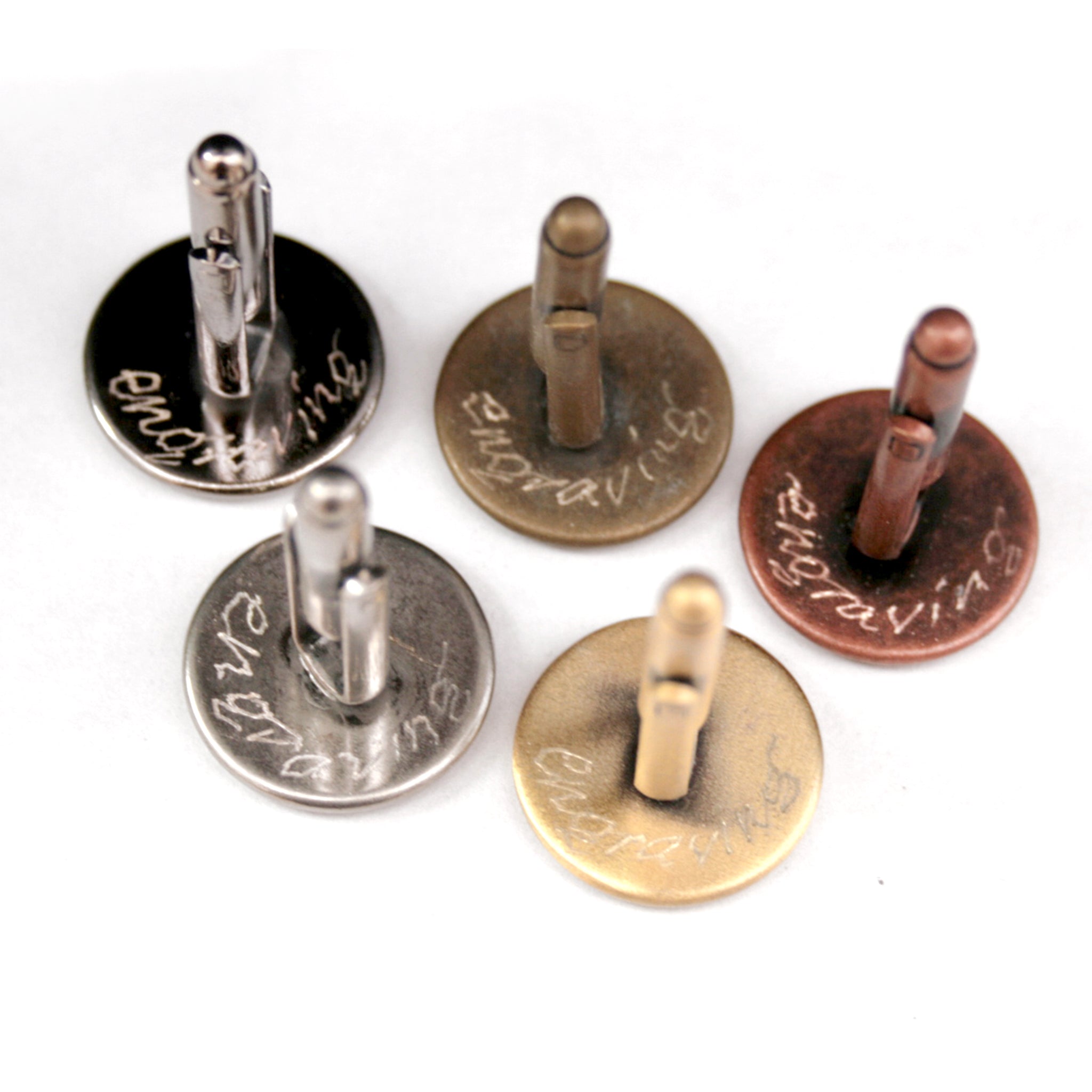 Engraving on metal cufflinks in black, antique bronze, copper, antique silver and brushed bronze