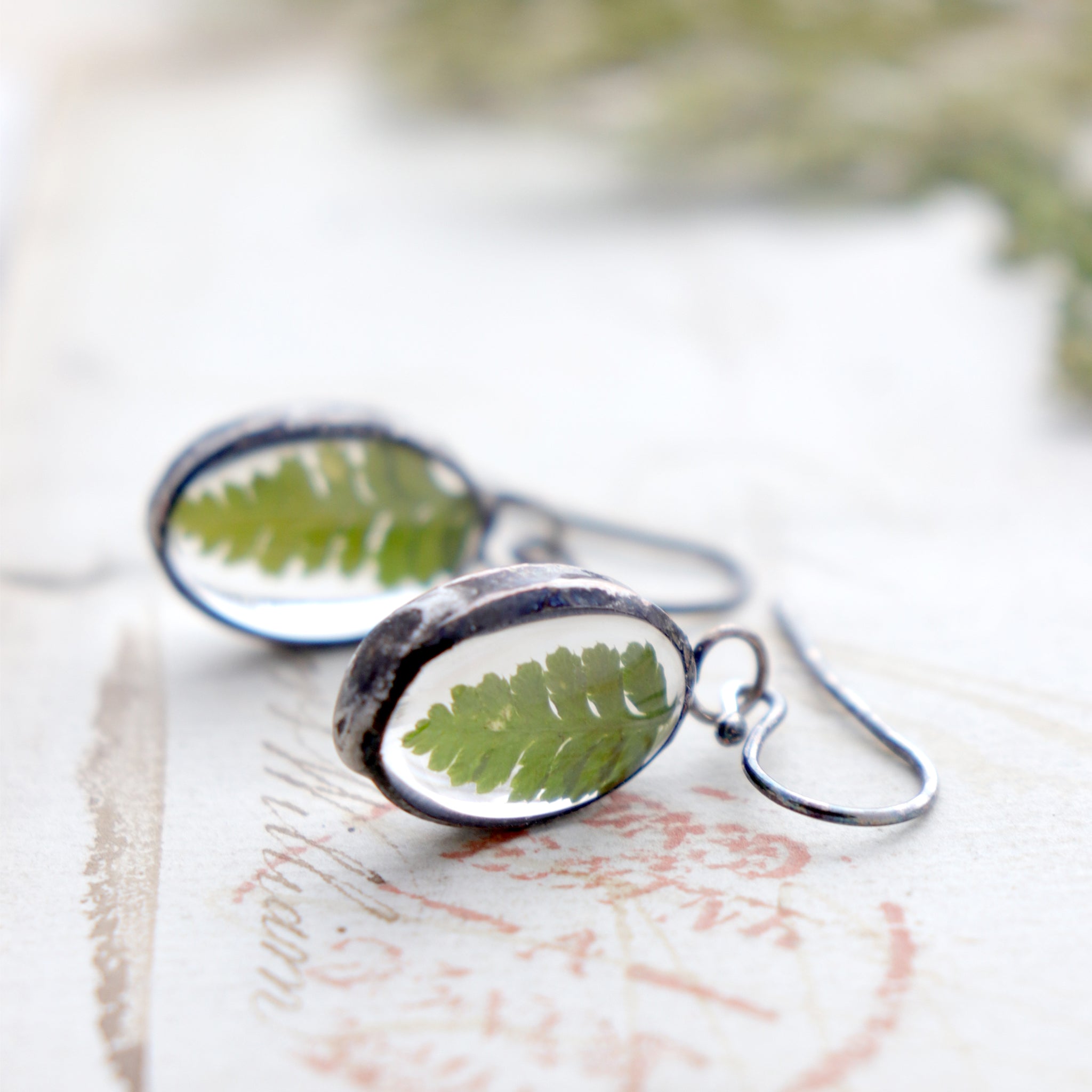 Earrings with real fern lying on an old letter