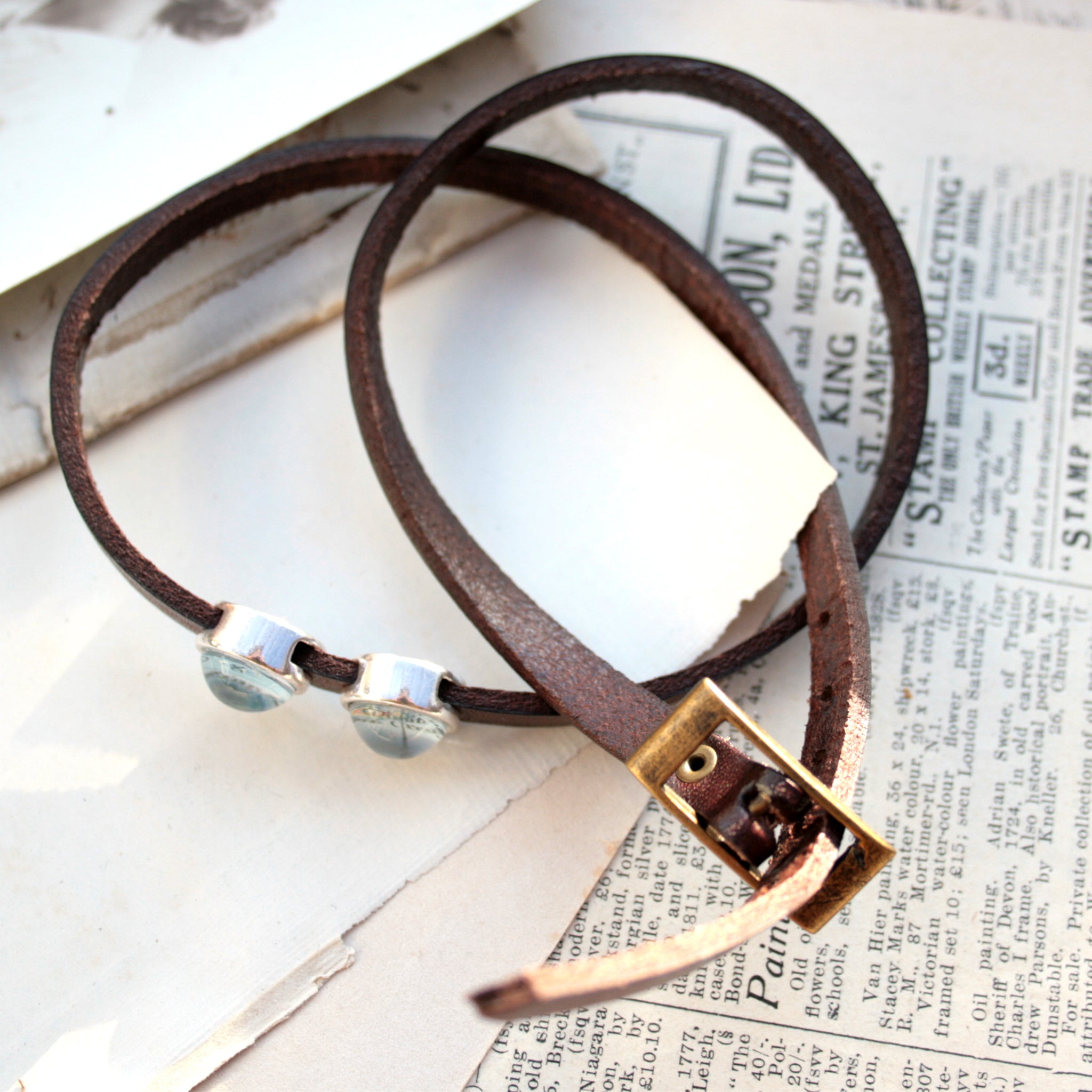 Dark brown mens leather bracelet personalised with maps