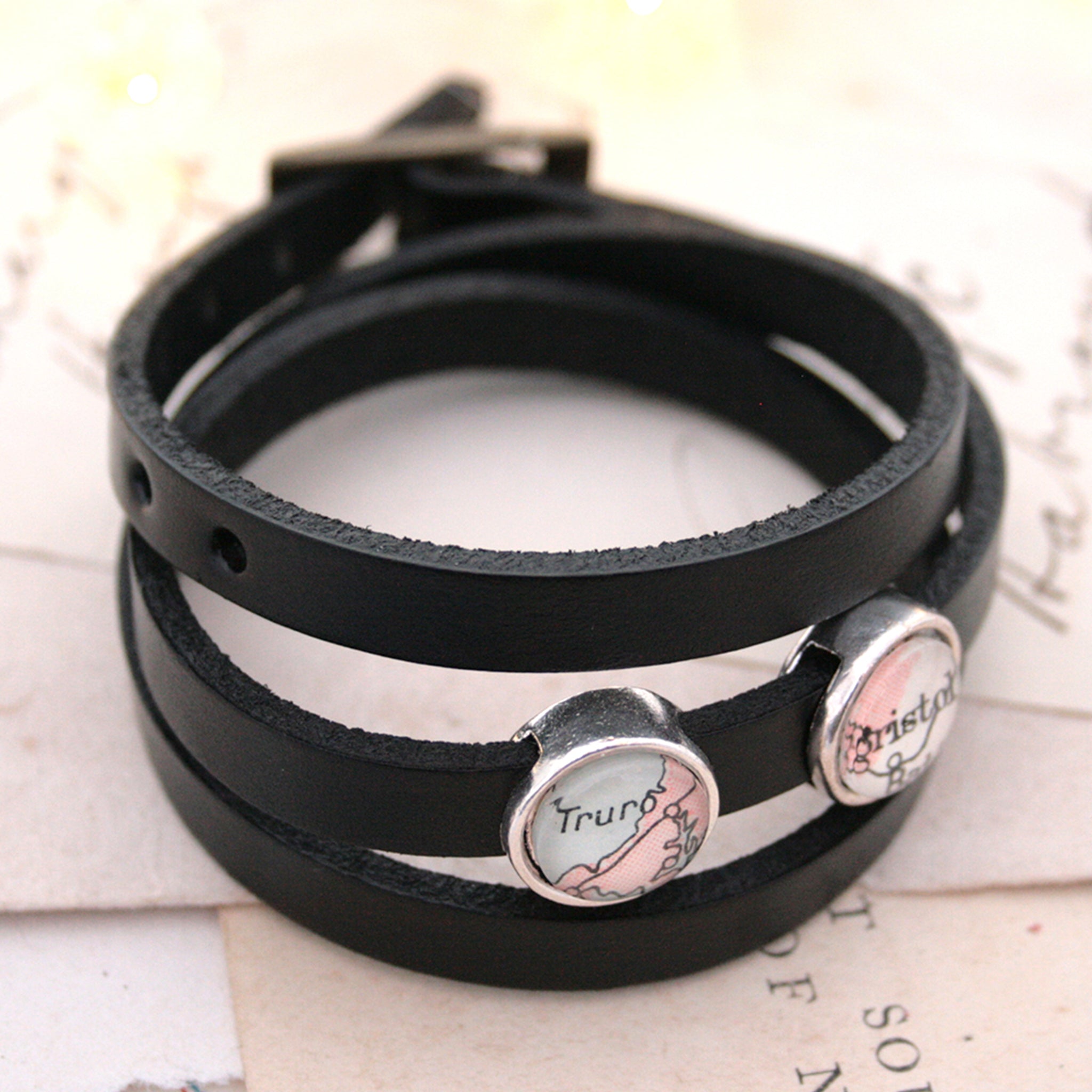 Black mens leather bracelet personalised with maps