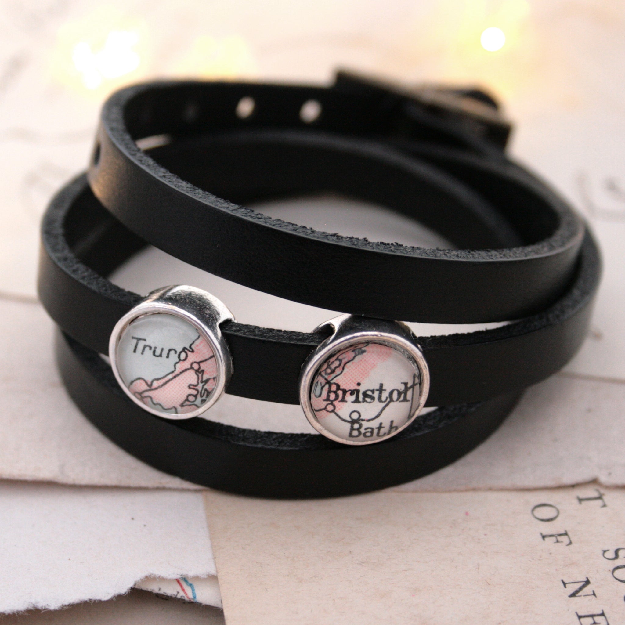Black mens leather bracelet personalised with maps