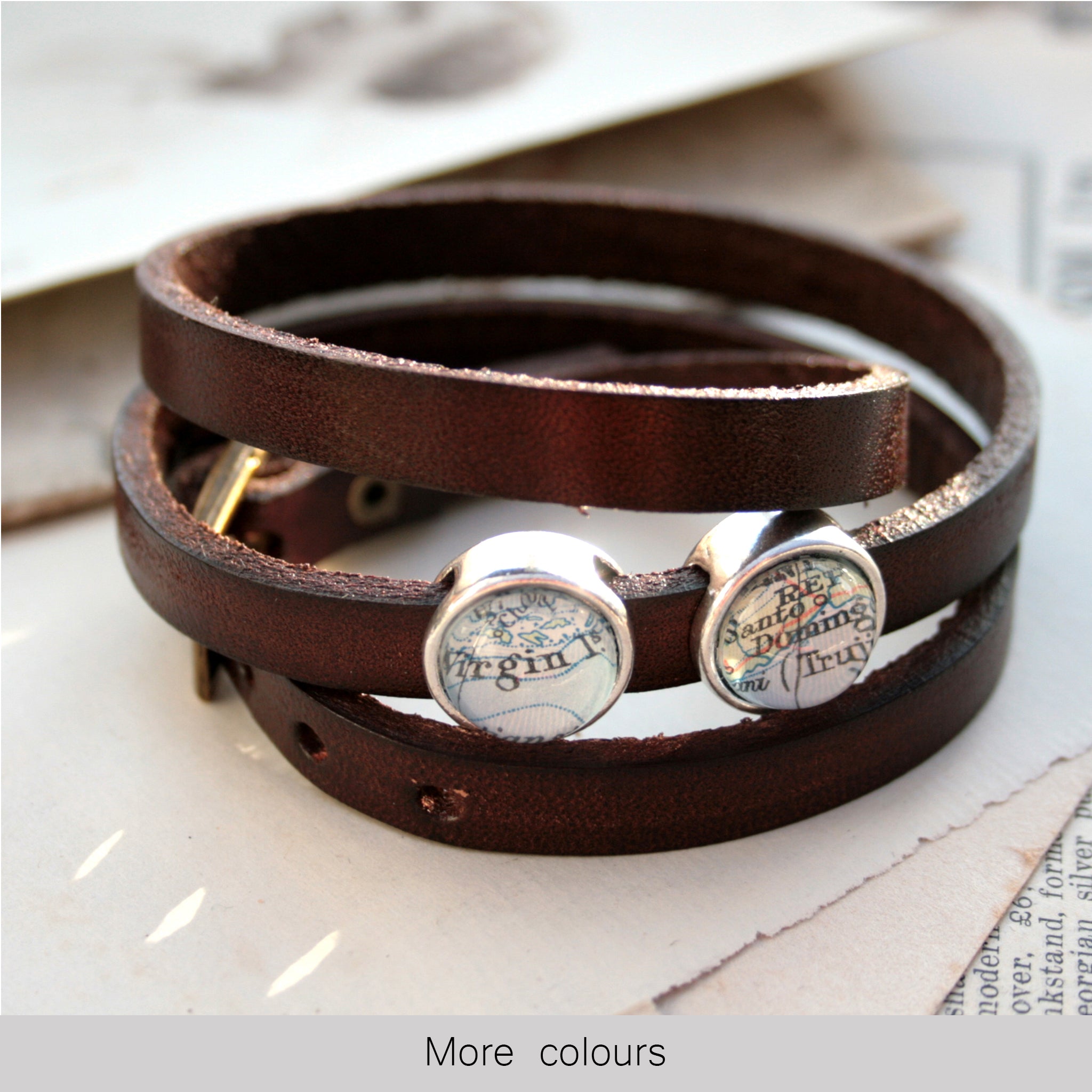 Dark brown mens leather bracelet personalised with maps