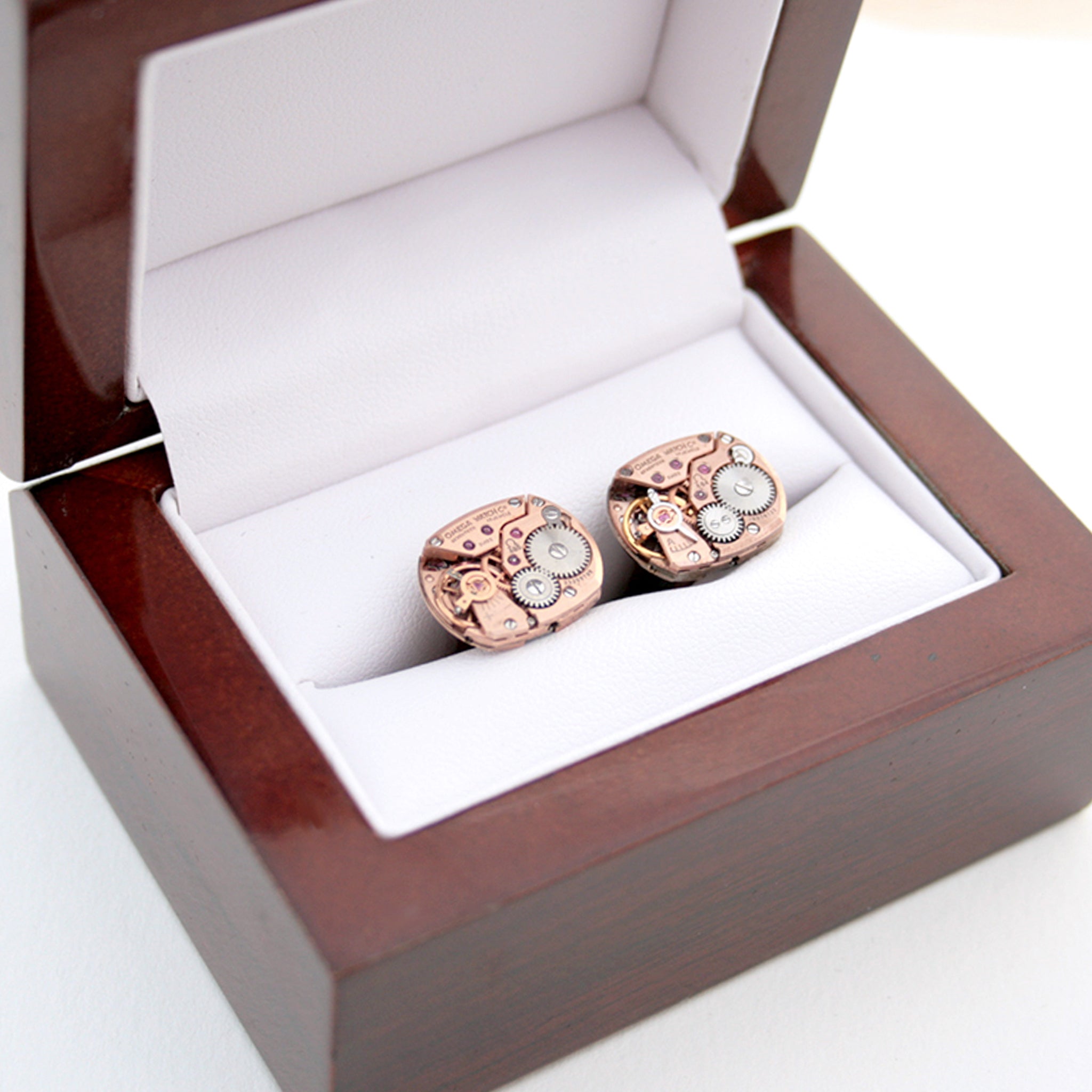 Omega Watch Copper Cufflinks in rosewood wooden box