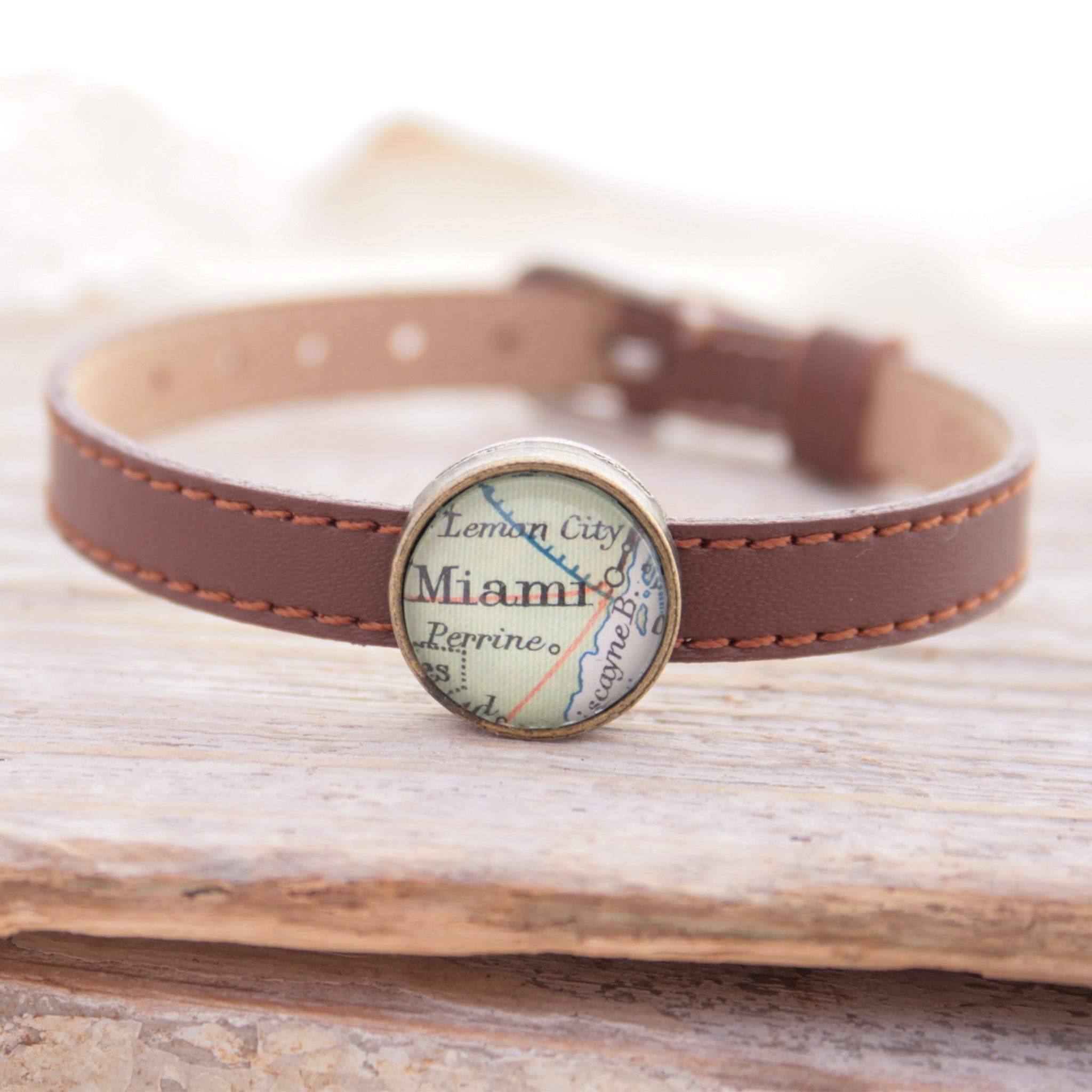 Brown leather bracelet with custom map location bead