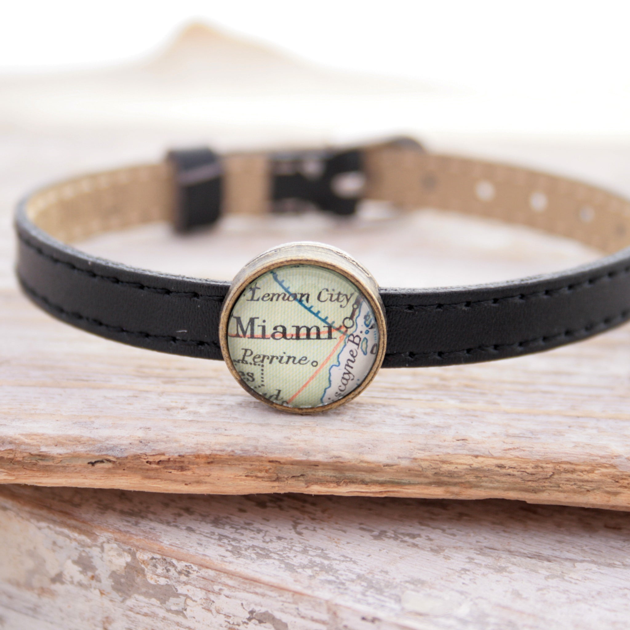 Black leather bracelet with custom map location bead