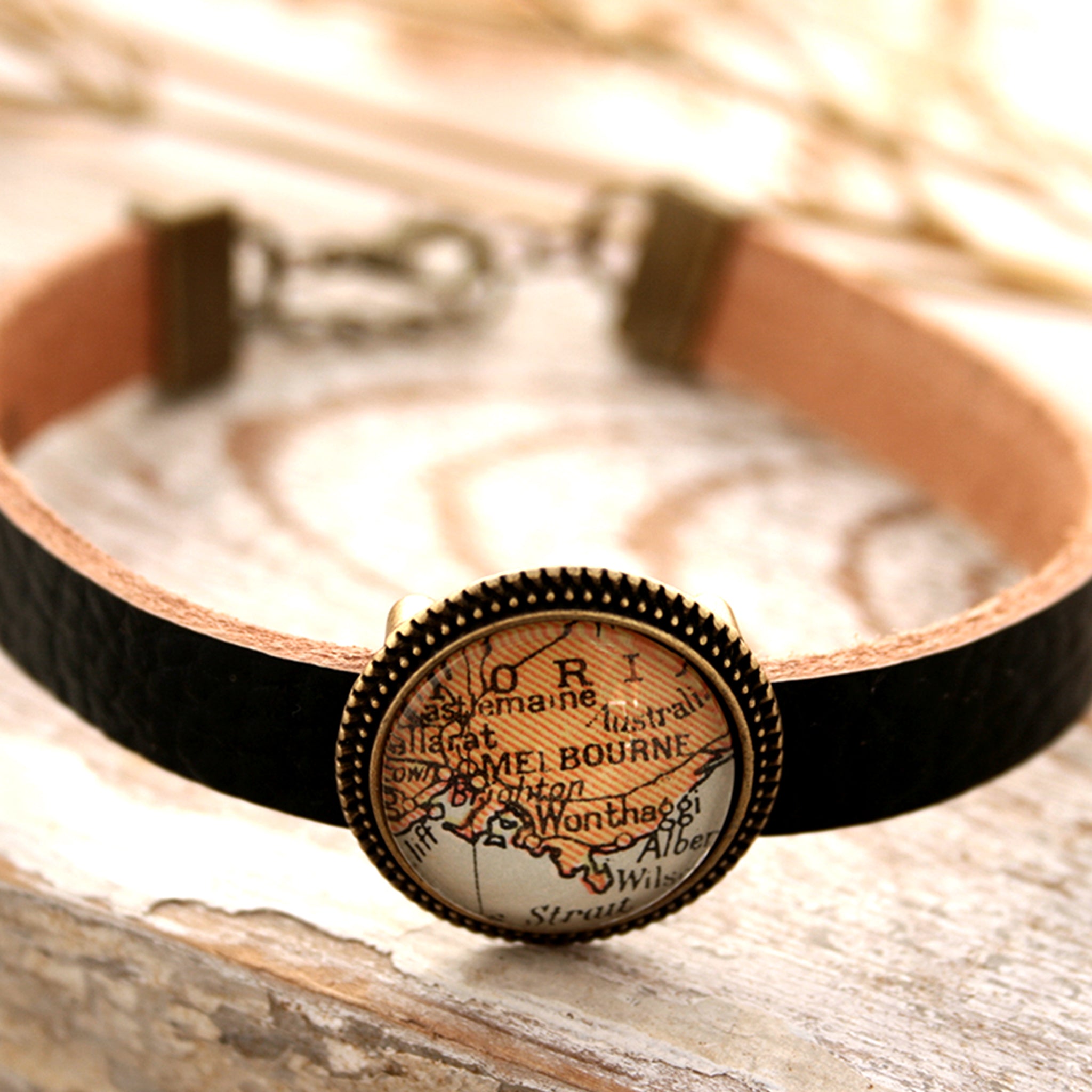 Personalised black leather bracelet featuring map of Melbourne