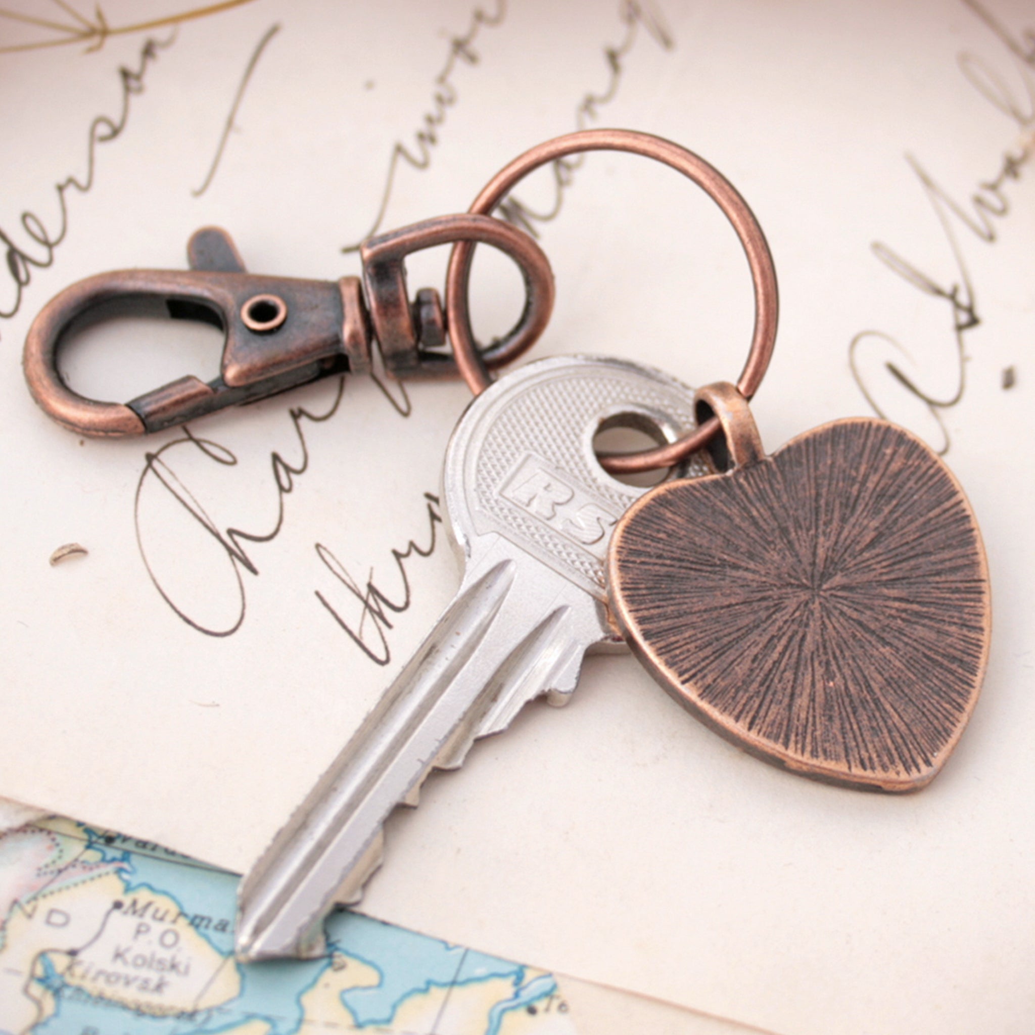 Heart shaped keychain in copper tone