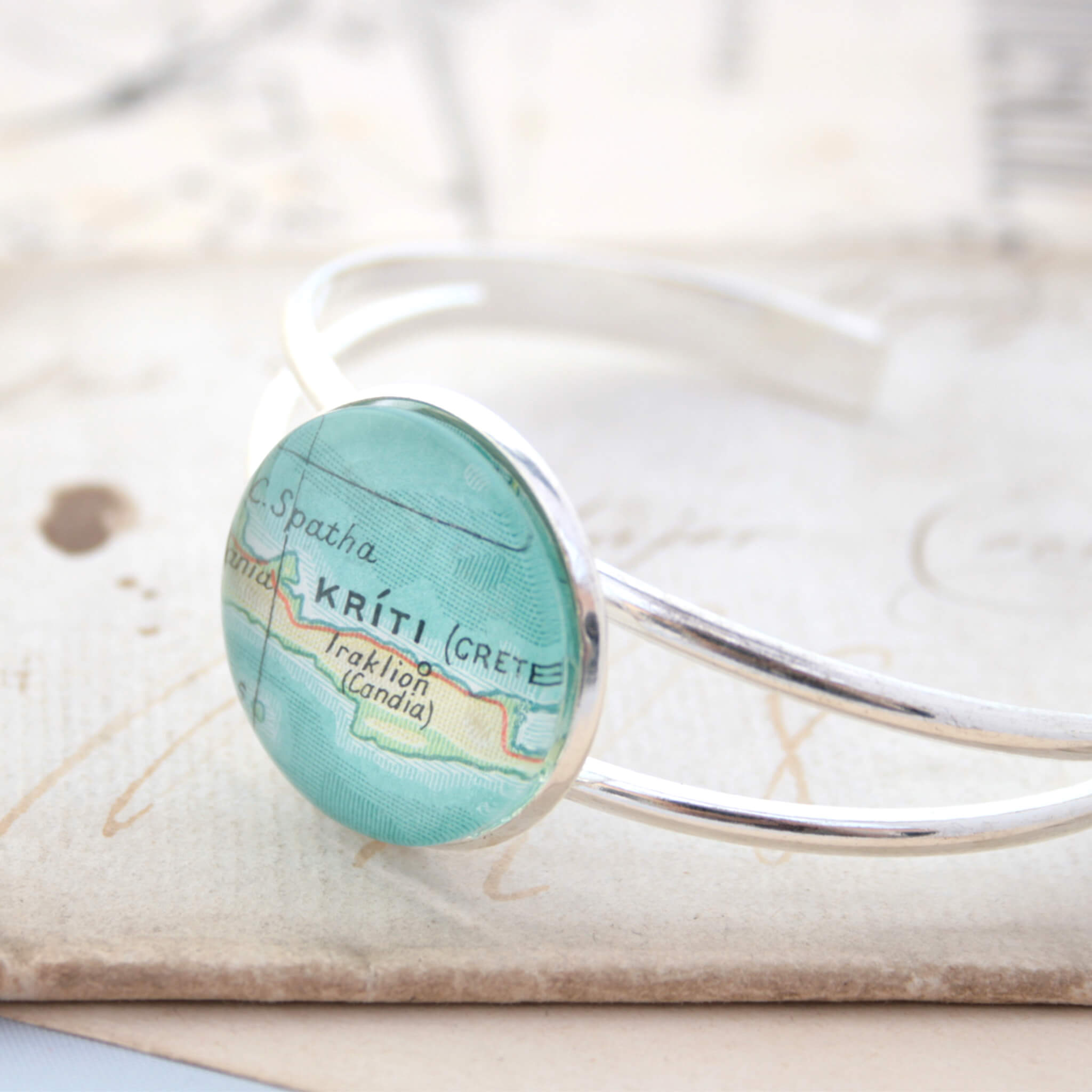 Silver bangle bracelet with geographical map of Kriti