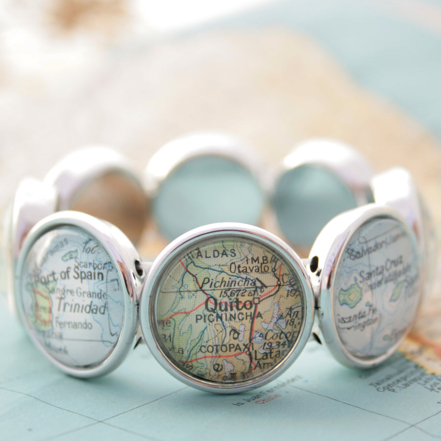 Stretchy bracelet in silver tone featuring custom map locations