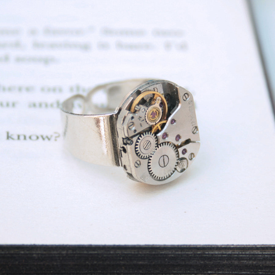 Mens Pinky Ring in Steampunk Style made of watch movement in silver color