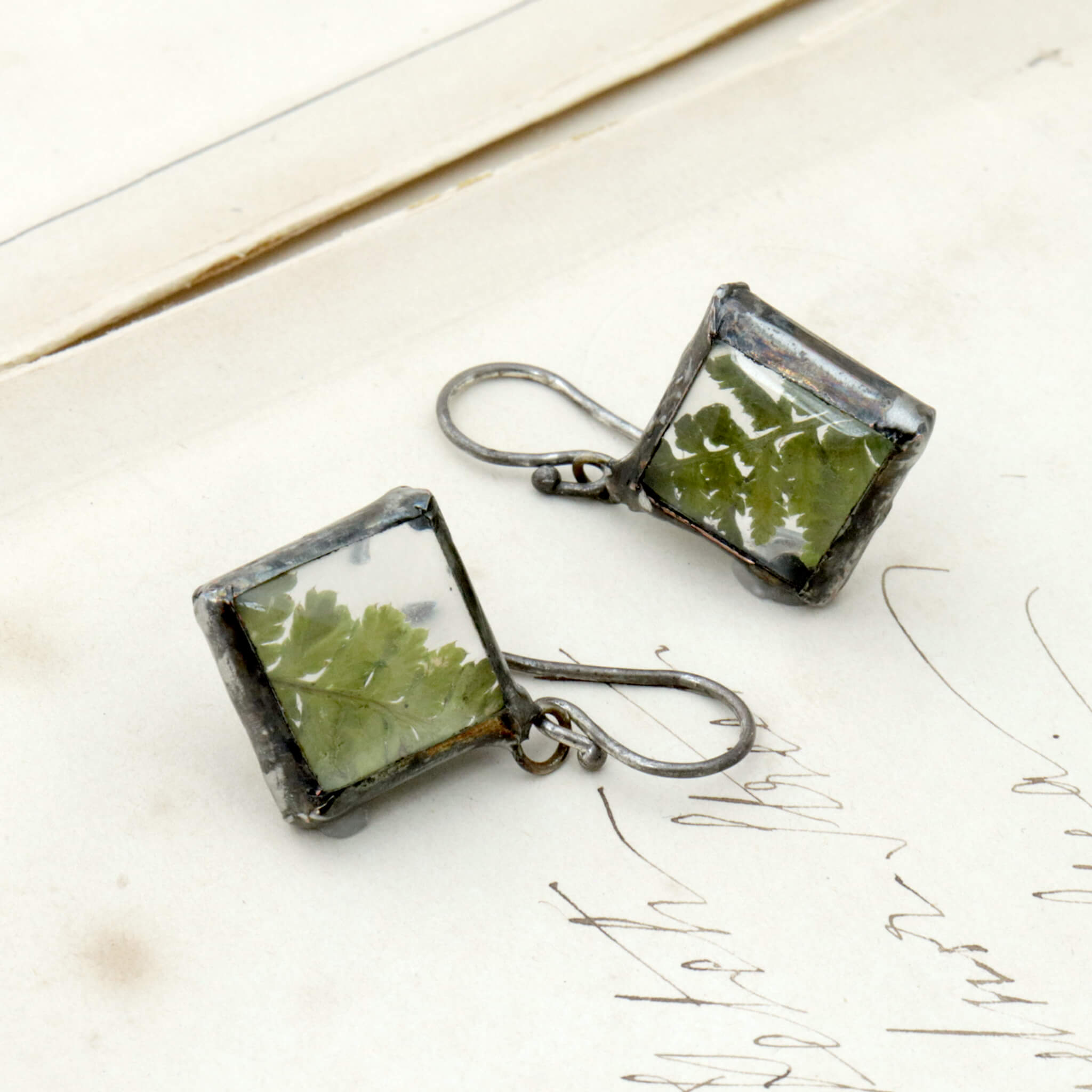 Earrings with real fern lying on an old photo