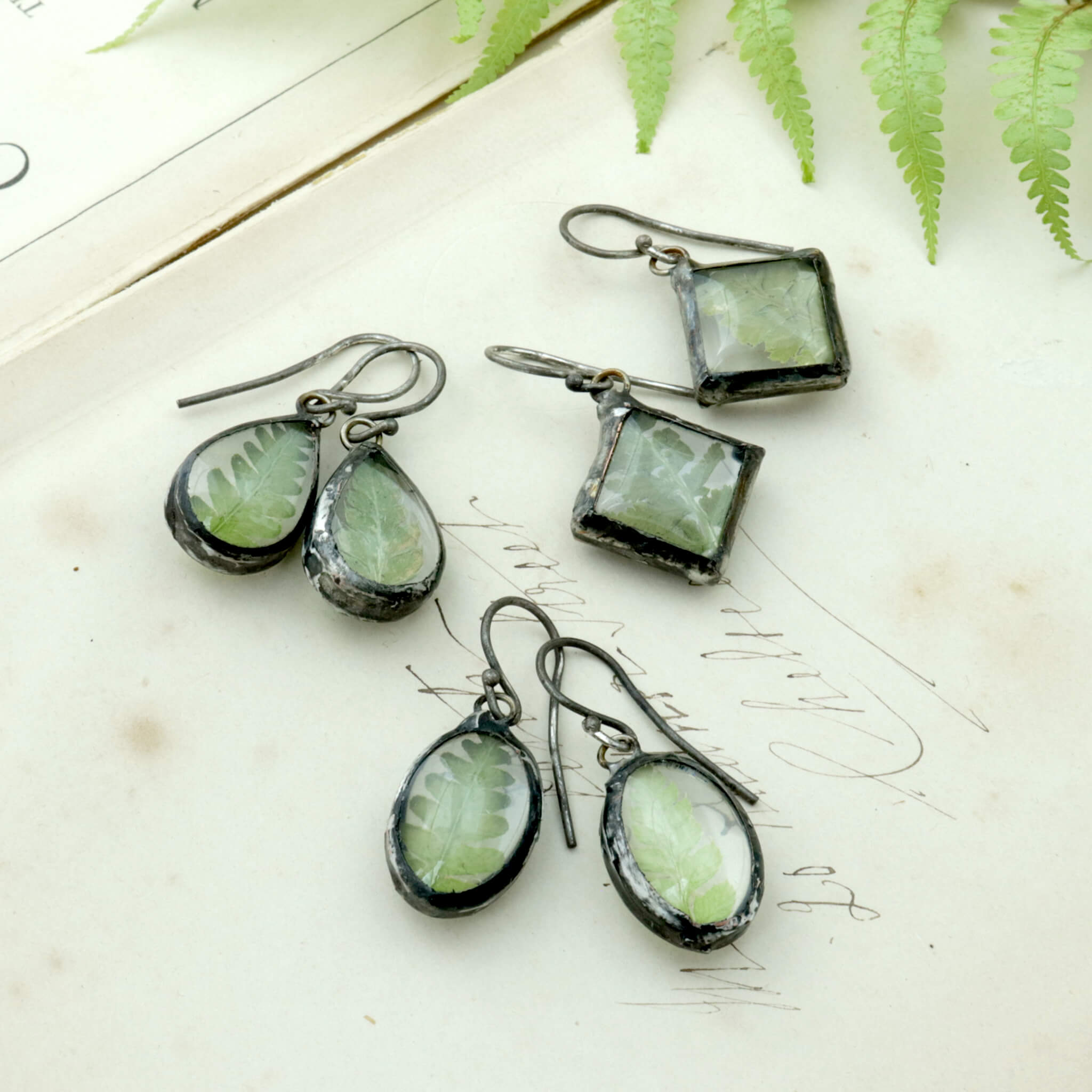3 sets of earrings with fern inside of a glass