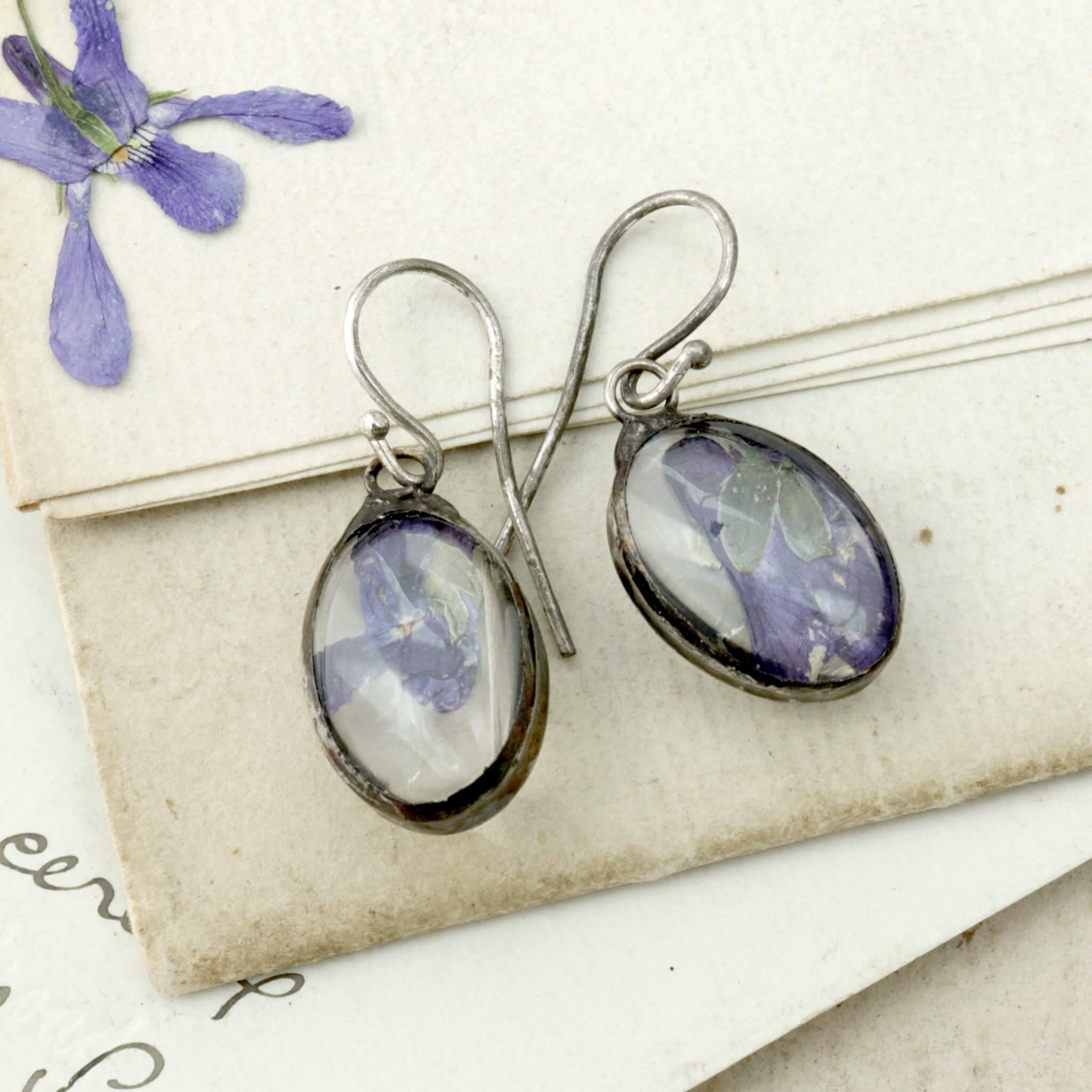 Earrings with real sweet violet flowers lying on an old letter