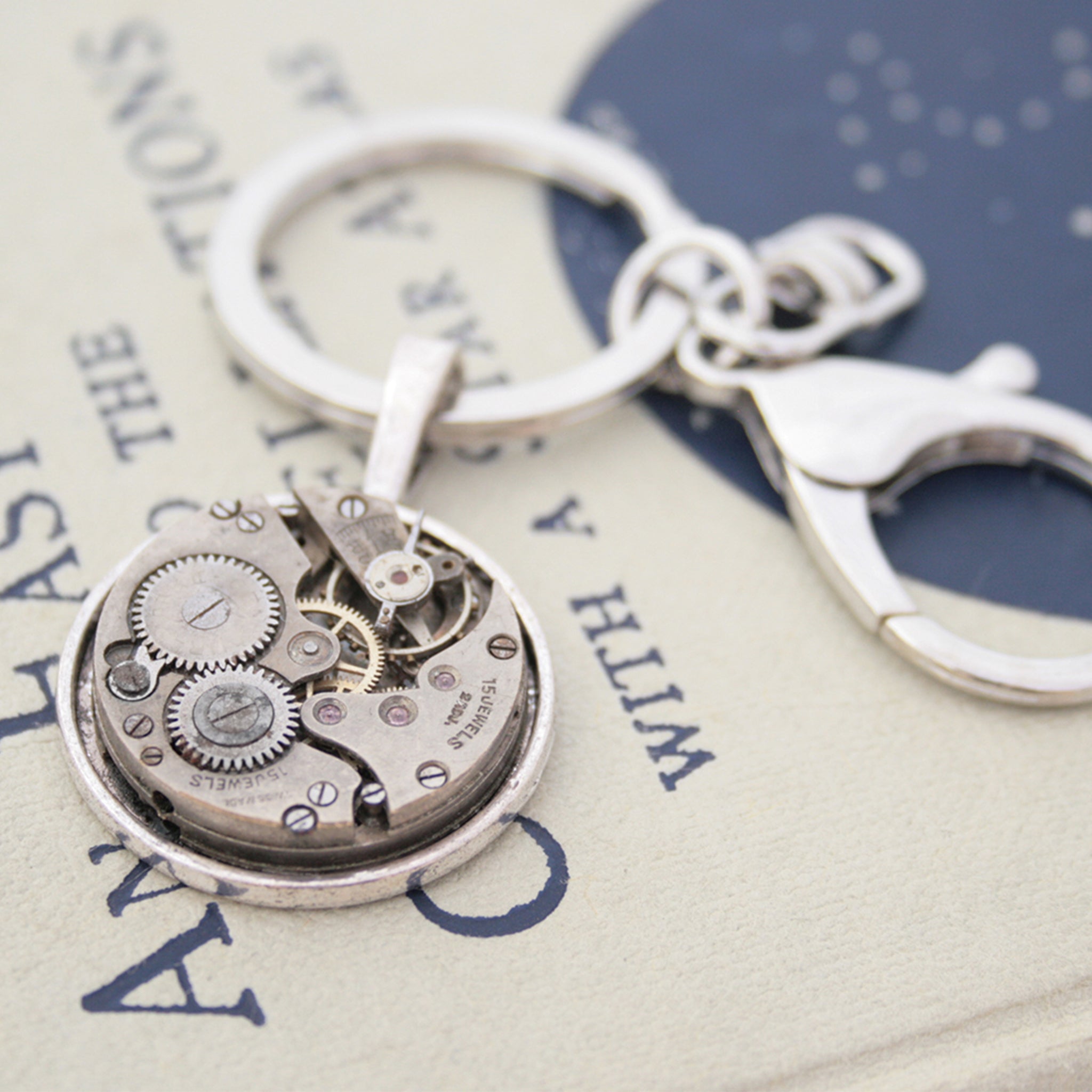 Steampunk keychain made of Swiss watch movement