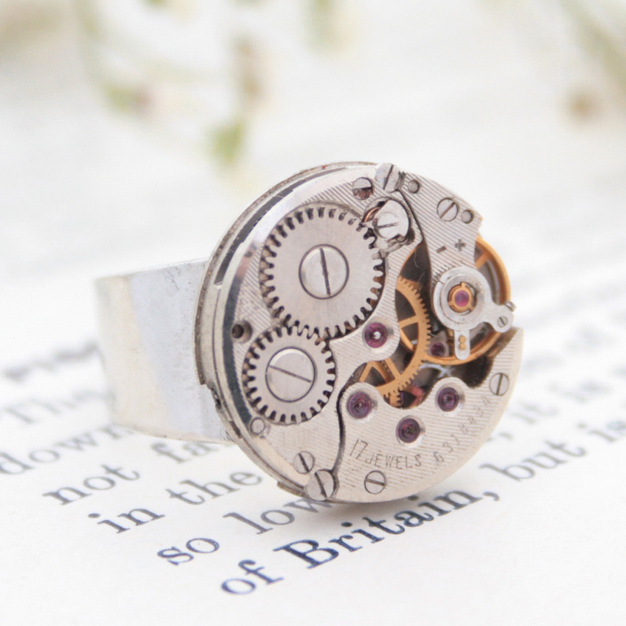 Round Steampunk Mens Signet Ring made of watch inside