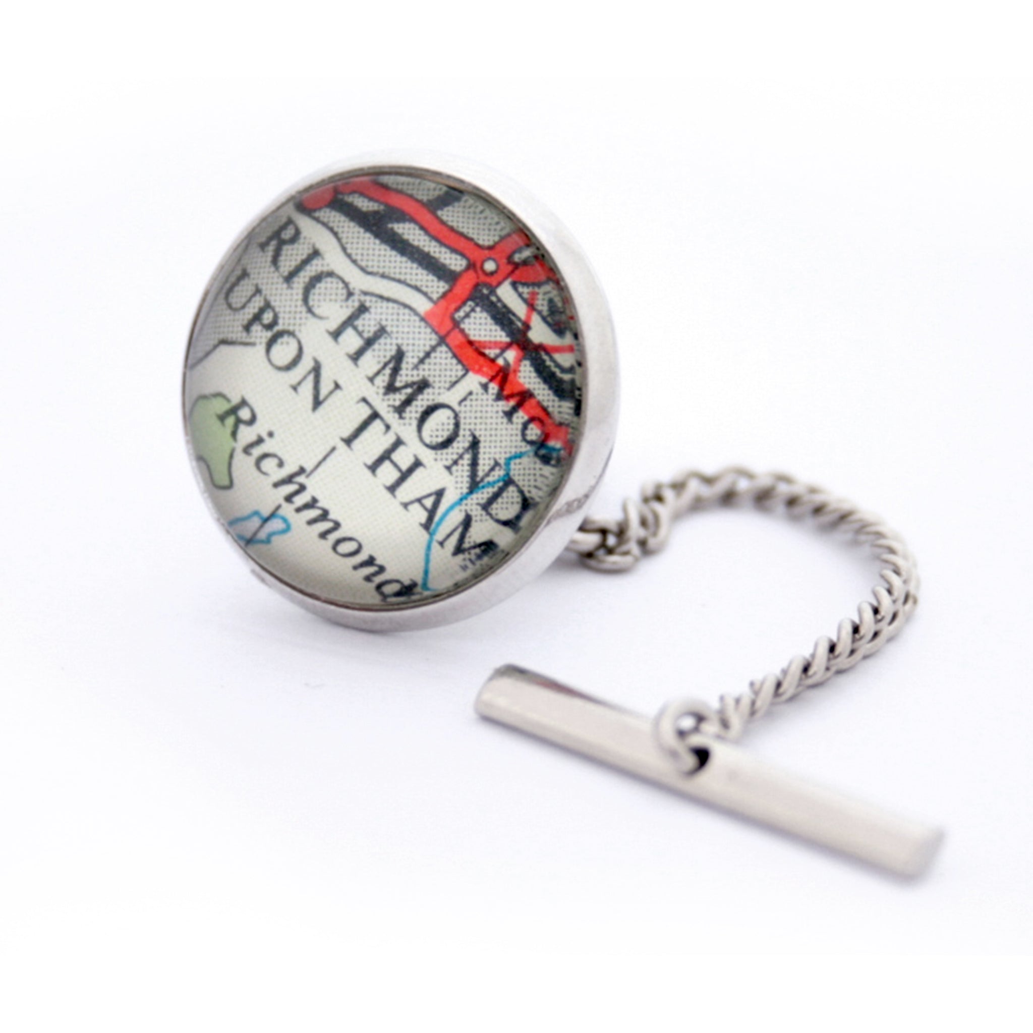 Personalised Tie Tack in silver colour featuring parts of London