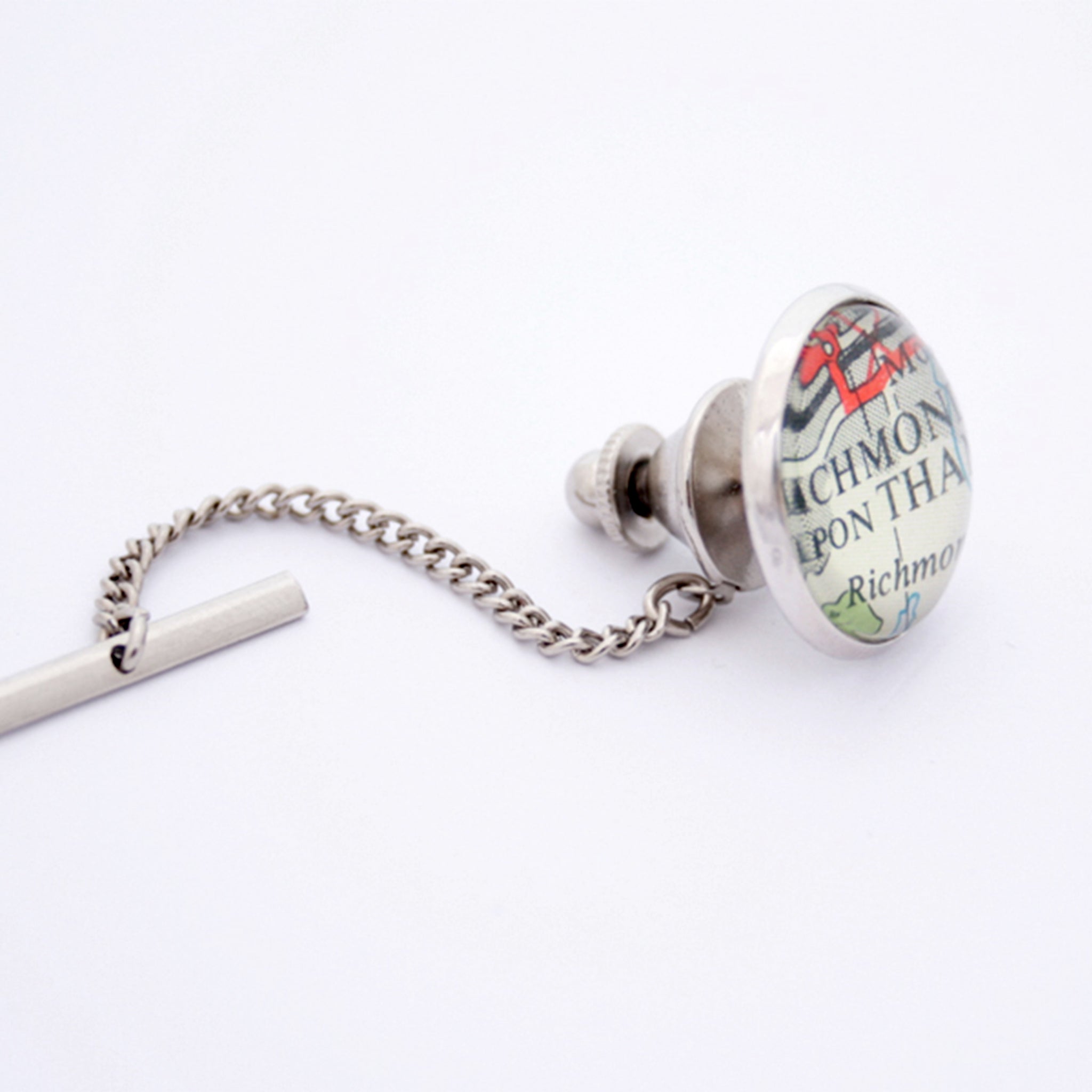 Personalised Tie Tack in silver colour featuring parts of London