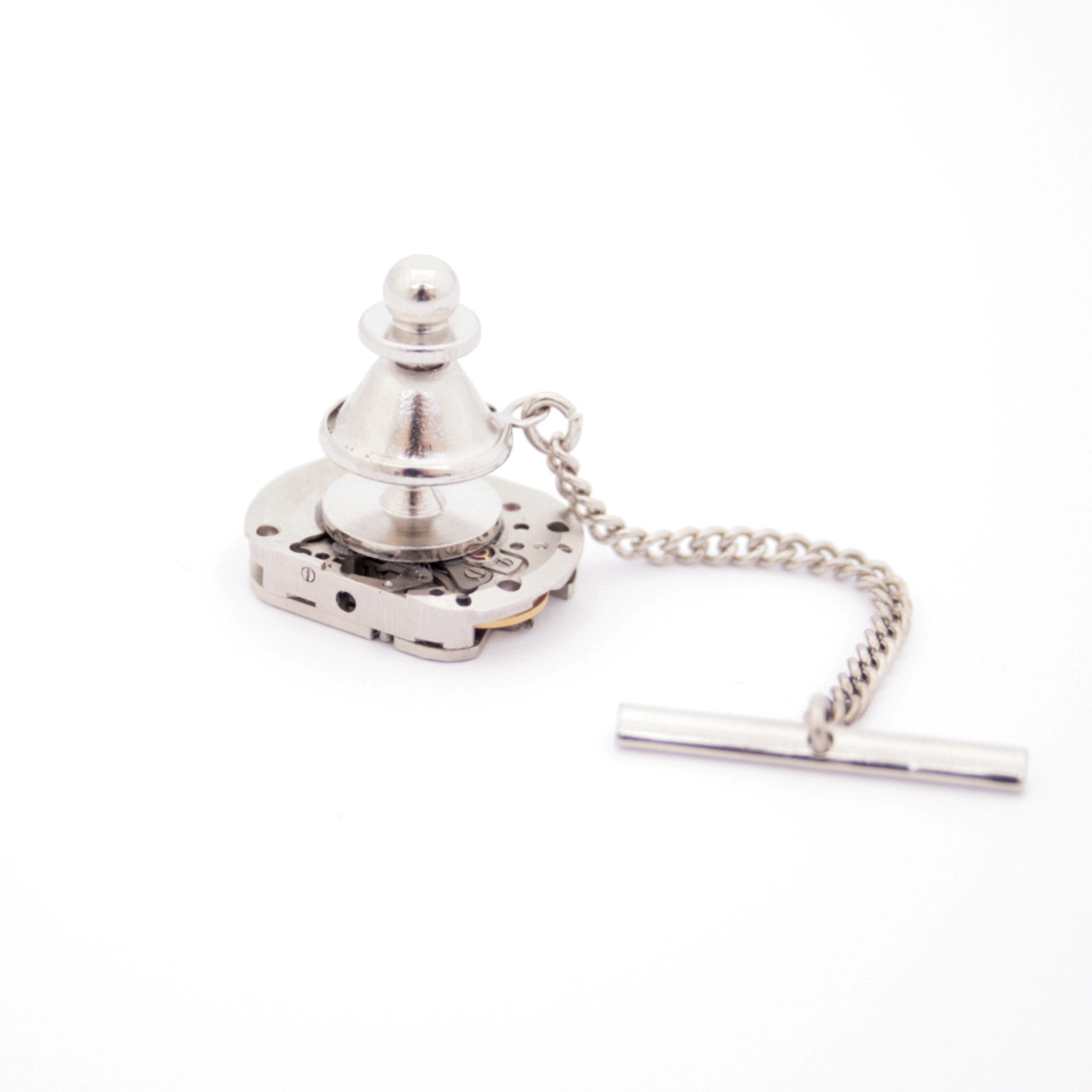 tie tack with chain made of watch movement