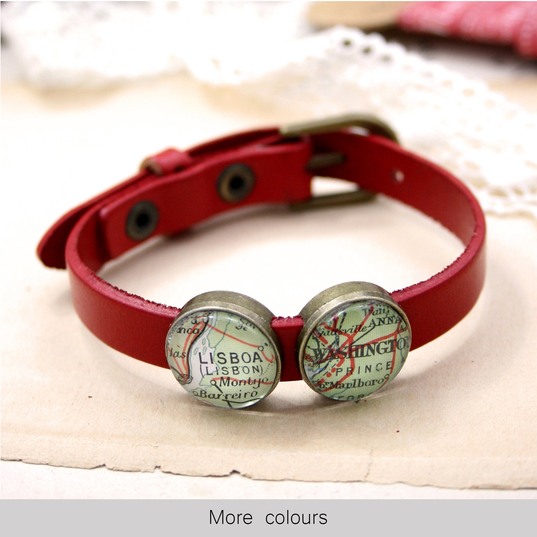 red leather bracelet featuring map locations